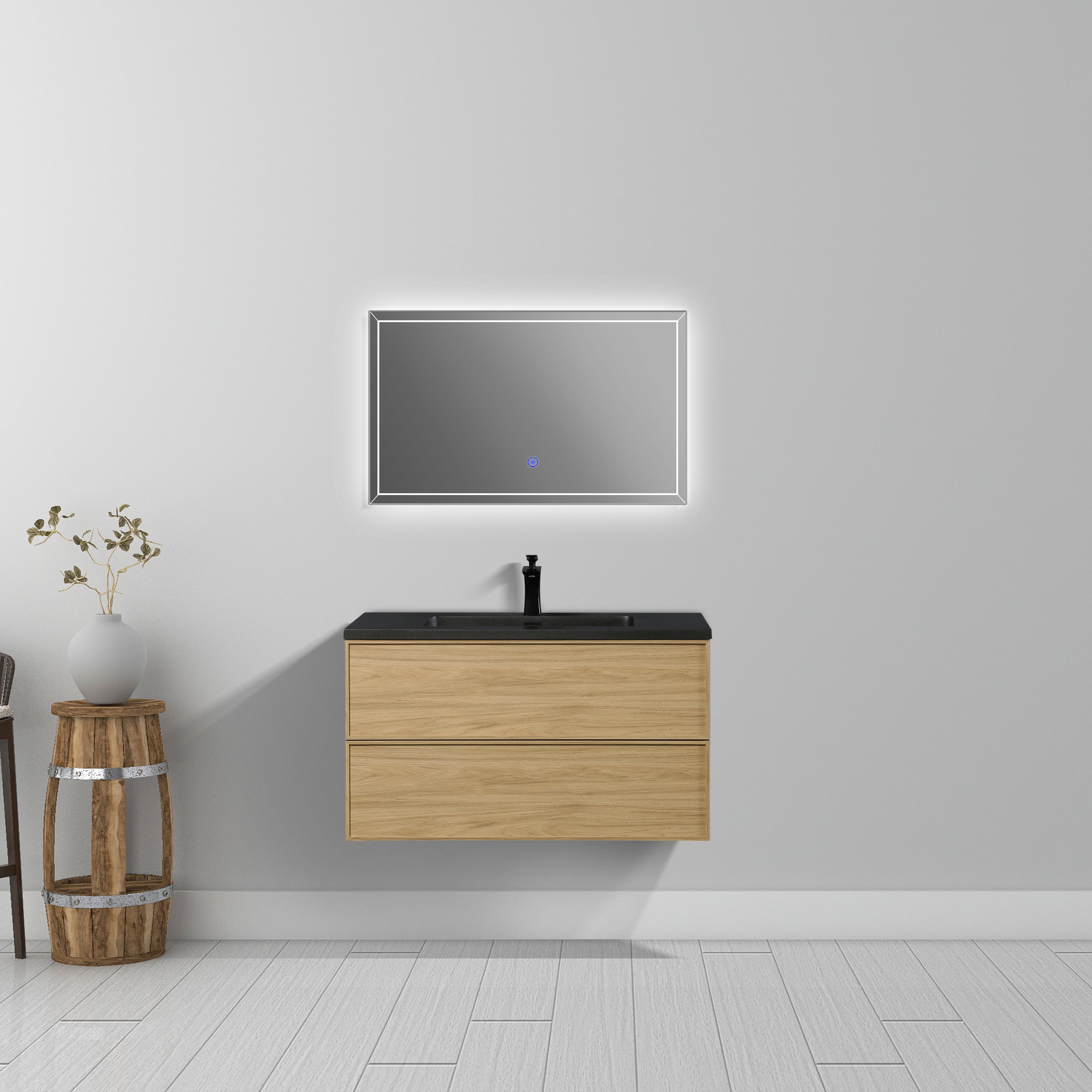 36" Sunset Walnut Wall Mount Bathroom Vanity with Black Engineered Quartz Countertop