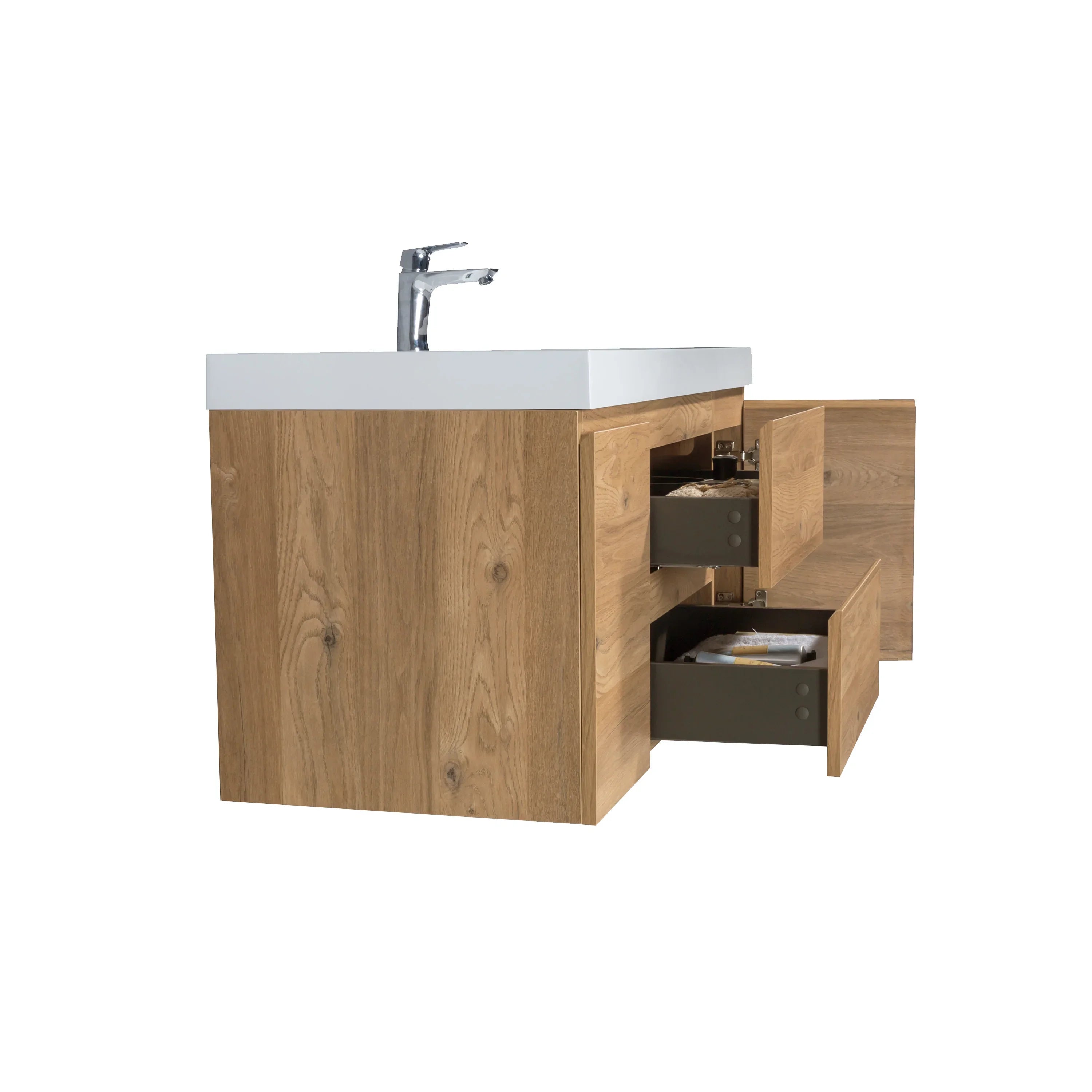 48" Rough Oak Wall Mount Single Sink Bathroom Vanity with White Polymarble Countertop - KD
