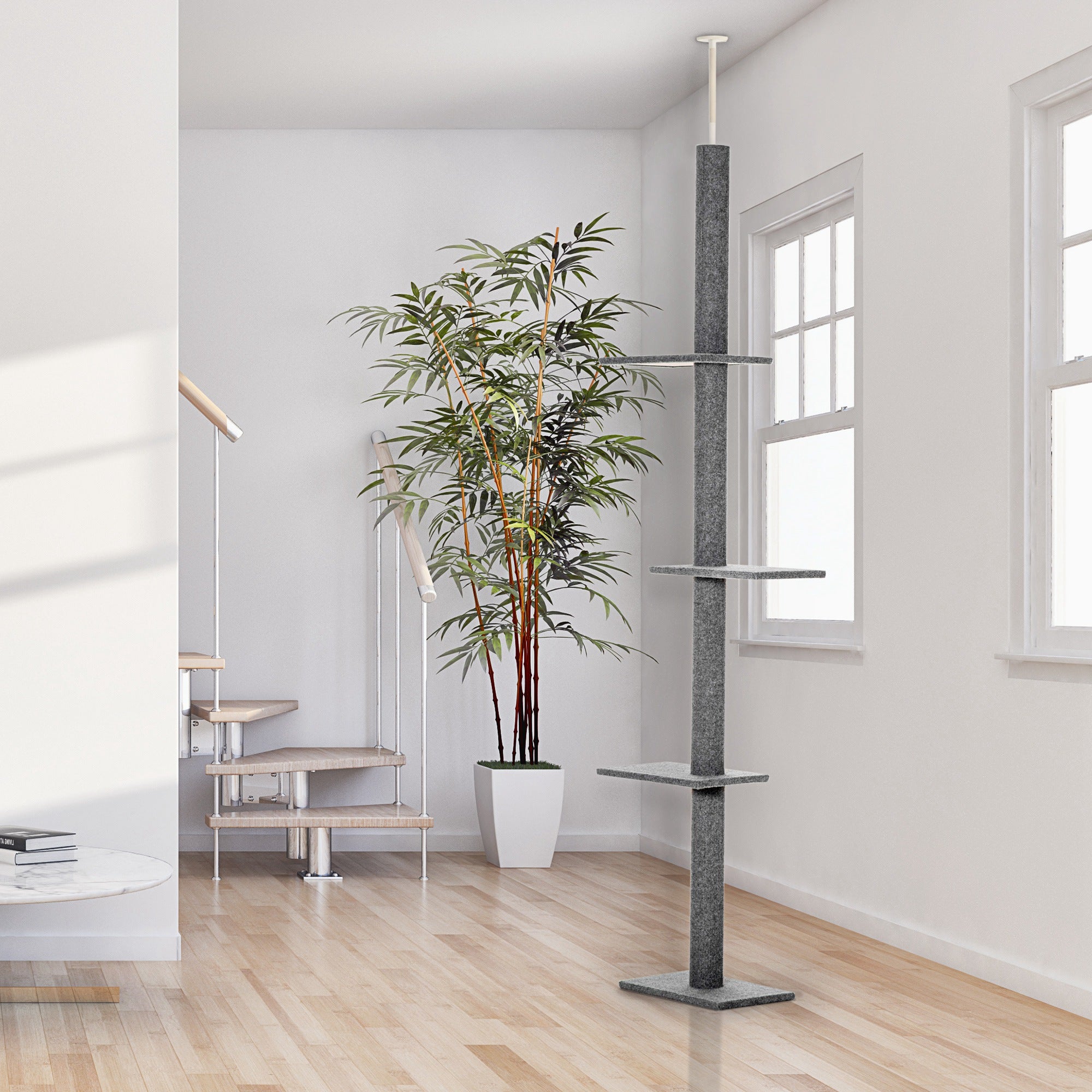 100" Floor To Ceiling Cat Tree w/ 3 Perches Activity Center for Kittens Cat Tower Furniture, Grey