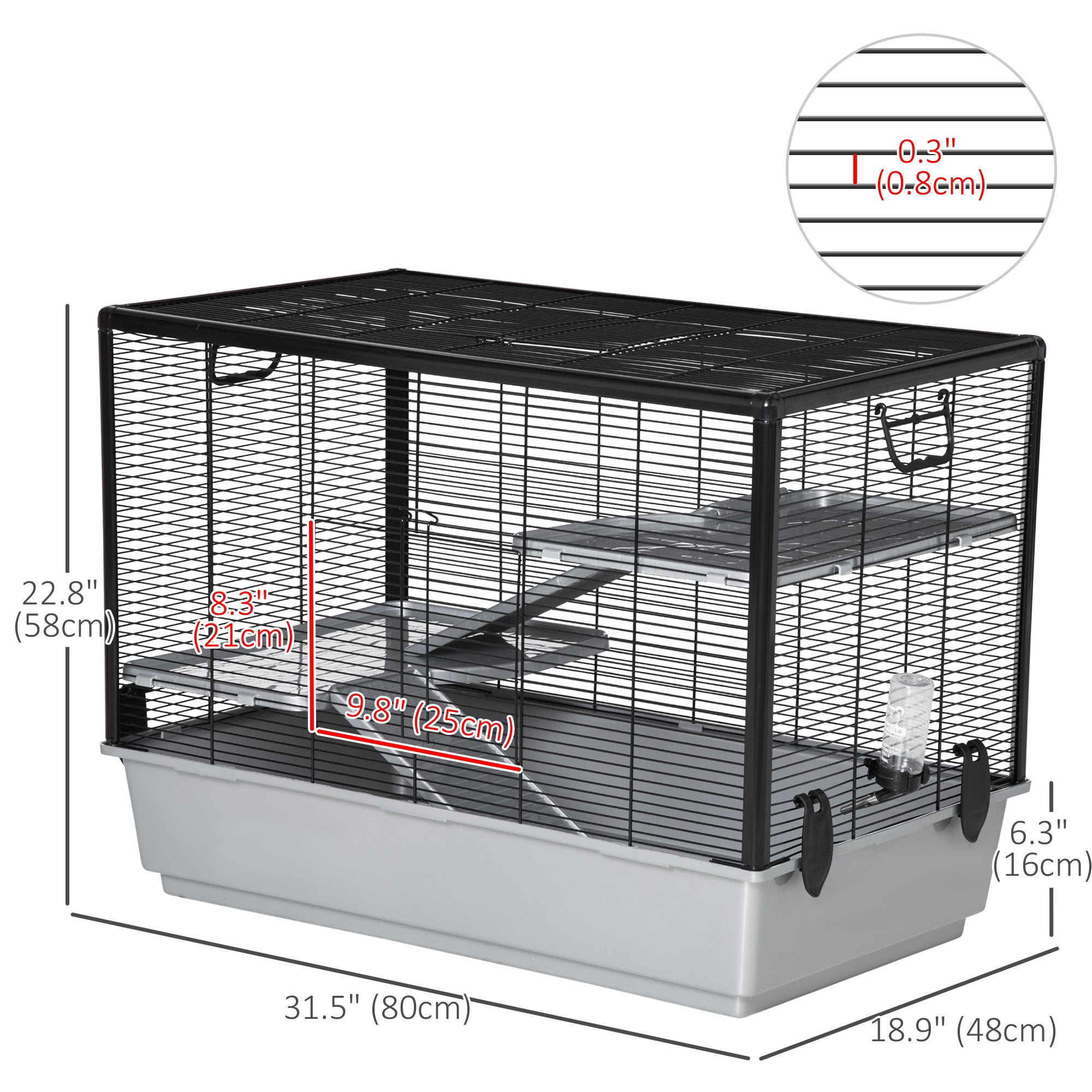 3-tier Hamster Cage, Guinea Pig Cage with Accessories Food Dish Water Bottle, Ramps, 31.5"x19"x 23", Grey