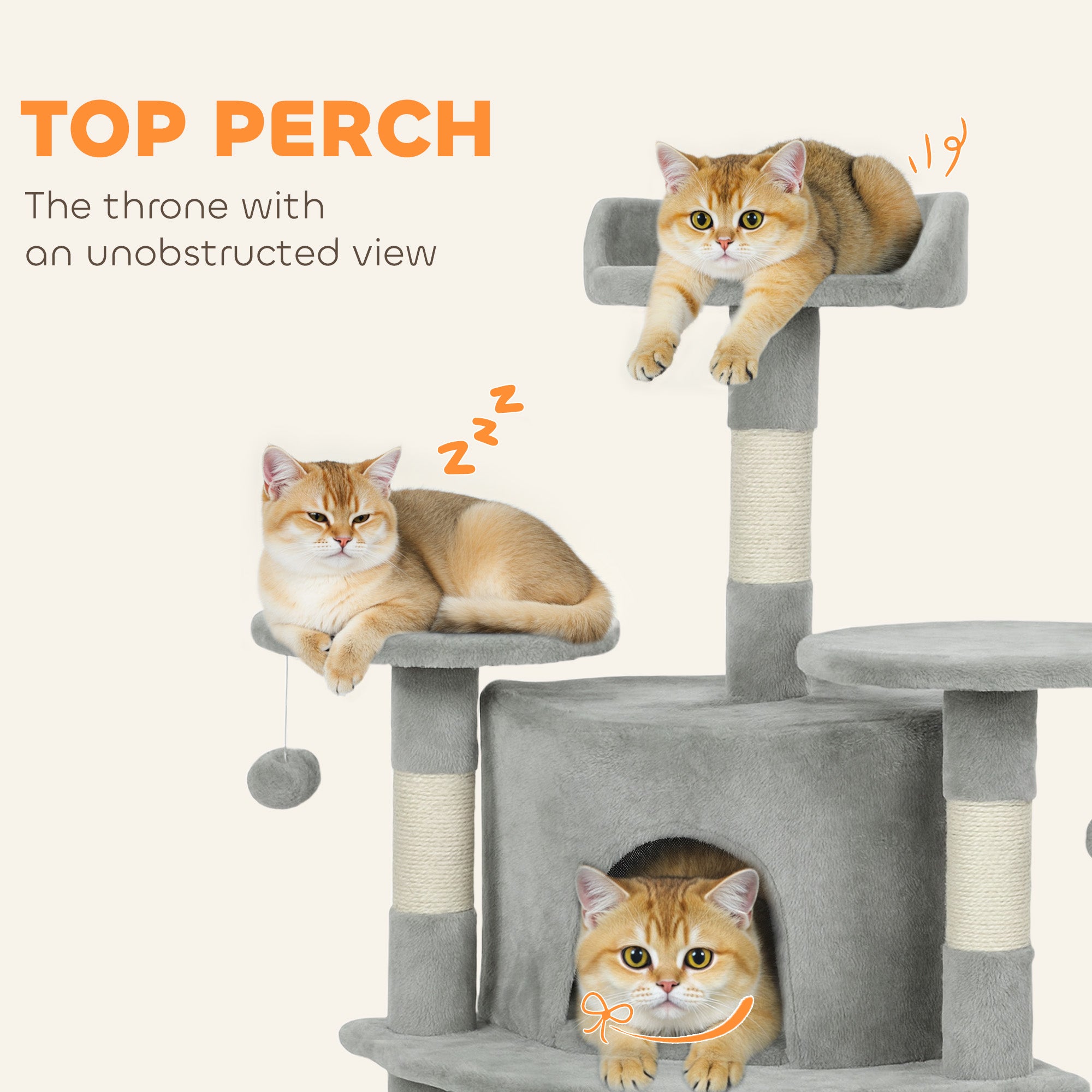 62" Cat Tree with Scratching Post, 2 Condos, Hammock, Perches, Plush, Pompoms, for Indoor Cats, Light Grey