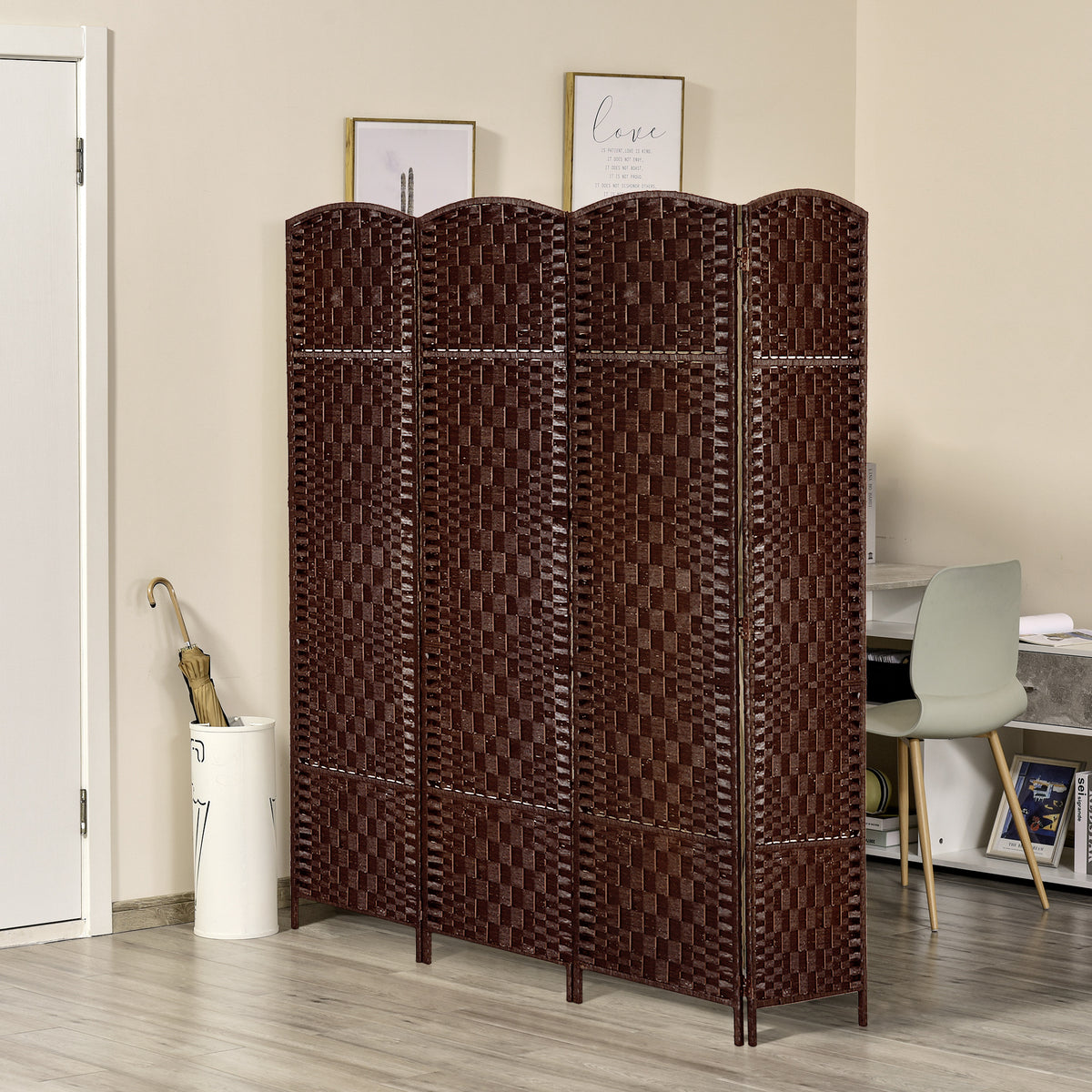 6ft 4-Panel Folding Room Divider - Brown Woven Wicker-Room Dividers-DECOROLALA