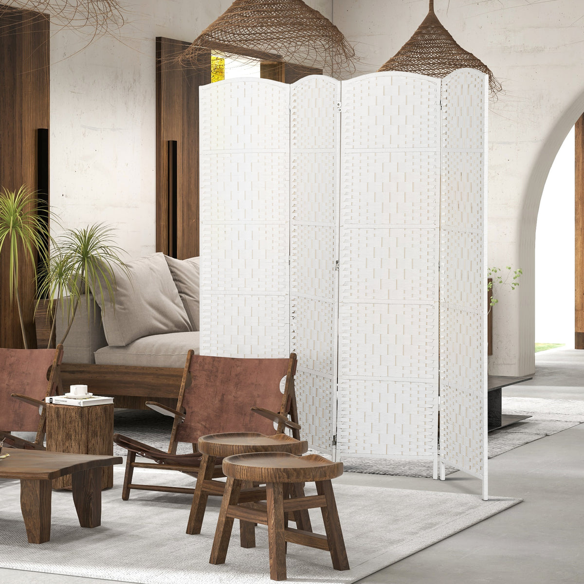 6ft 4-Panel Folding Room Divider - White Woven Wood-Home Furnishings > Living Room Furniture > Room Dividers-DECOROLALA