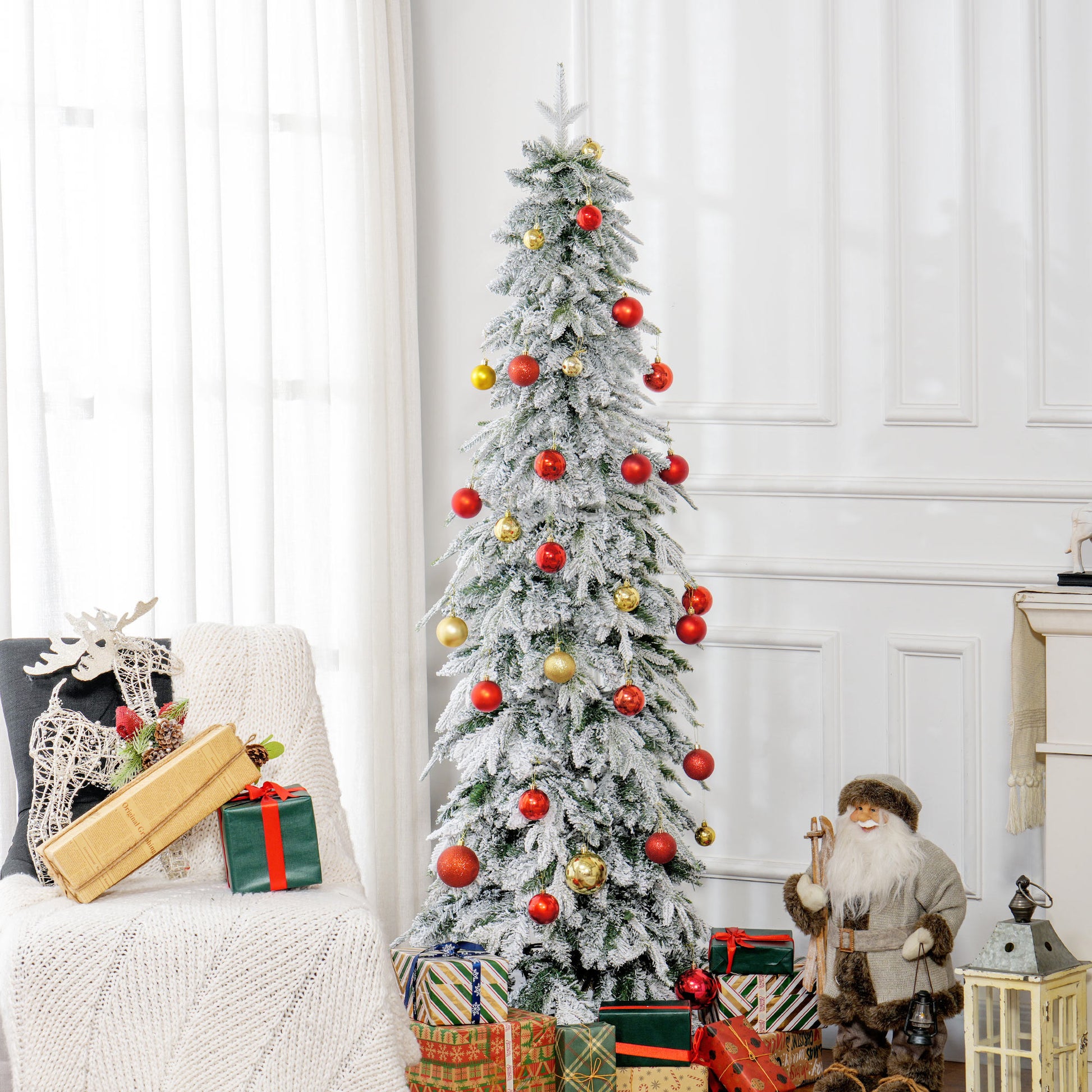 6ft Flocked Pencil Artificial Christmas Tree - Green-Home Furnishings > Holiday & Seasonal > Christmas Trees > Flocked Christmas Trees-DECOROLALA