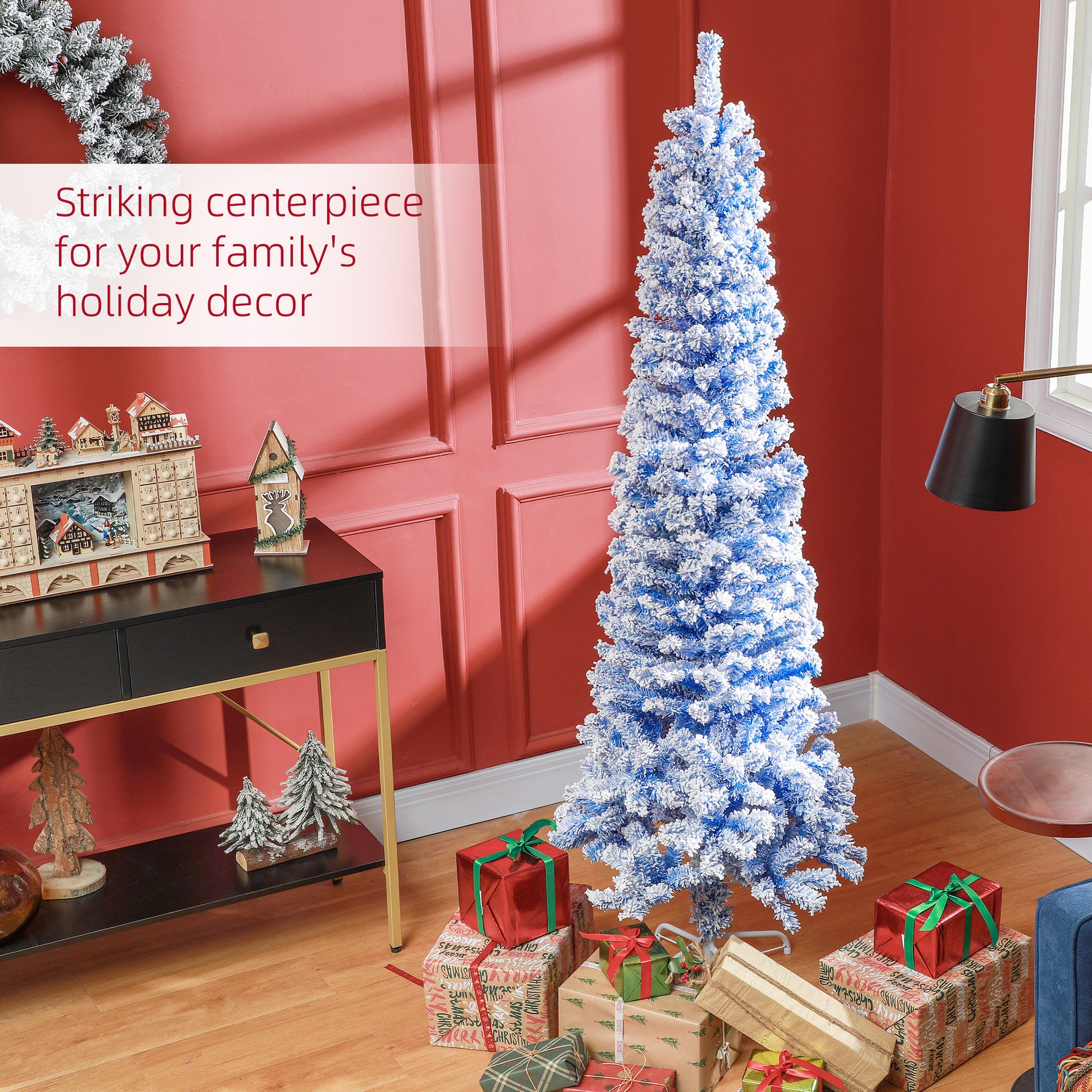 6ft Flocked Pencil Christmas Tree - Blue Realistic Pine-Home Furnishings > Holiday & Seasonal > Christmas Trees > Pencil Christmas Trees-DECOROLALA