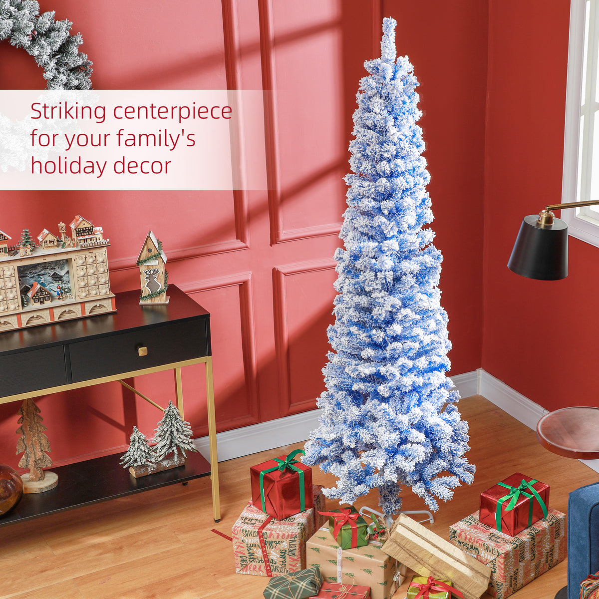 6ft Flocked Pencil Christmas Tree - Blue Realistic Pine-Home Furnishings > Holiday & Seasonal > Christmas Trees > Pencil Christmas Trees-DECOROLALA