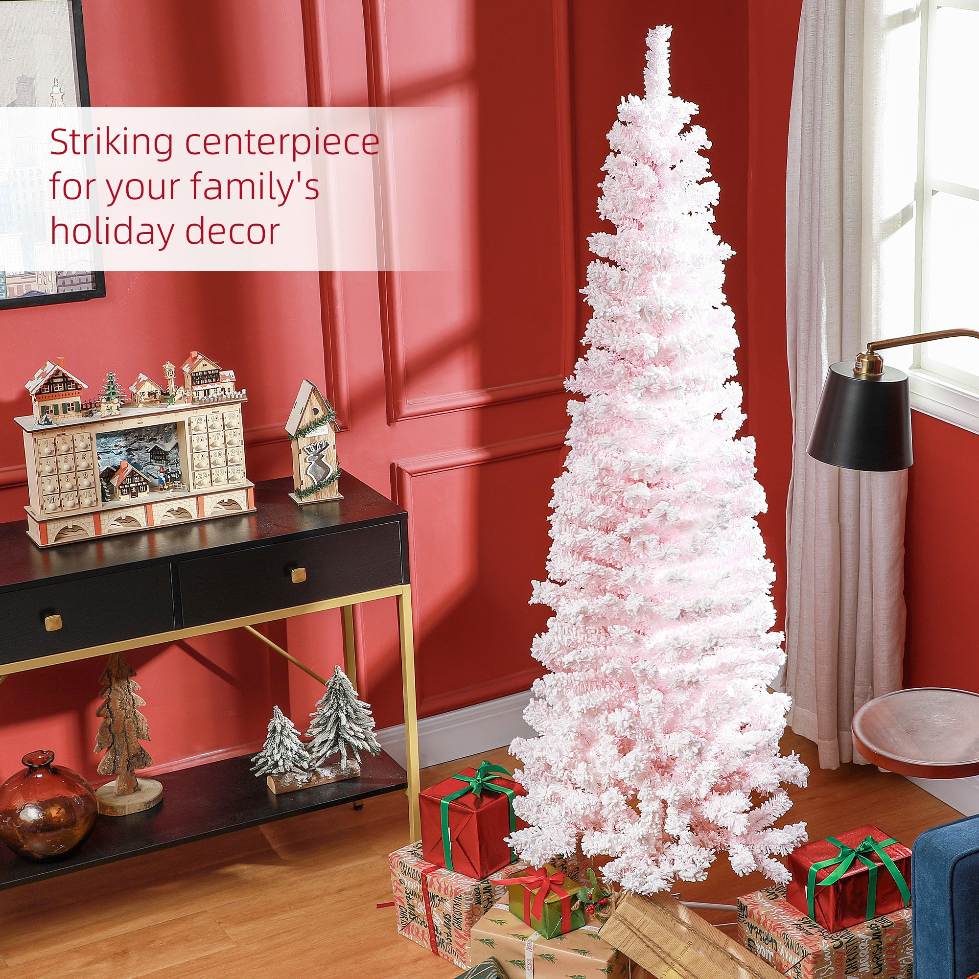 6ft Flocked Pencil Christmas Tree - Pink Realistic Tips-Home Furnishings > Holiday & Seasonal > Christmas Trees > Pencil Christmas Trees-DECOROLALA