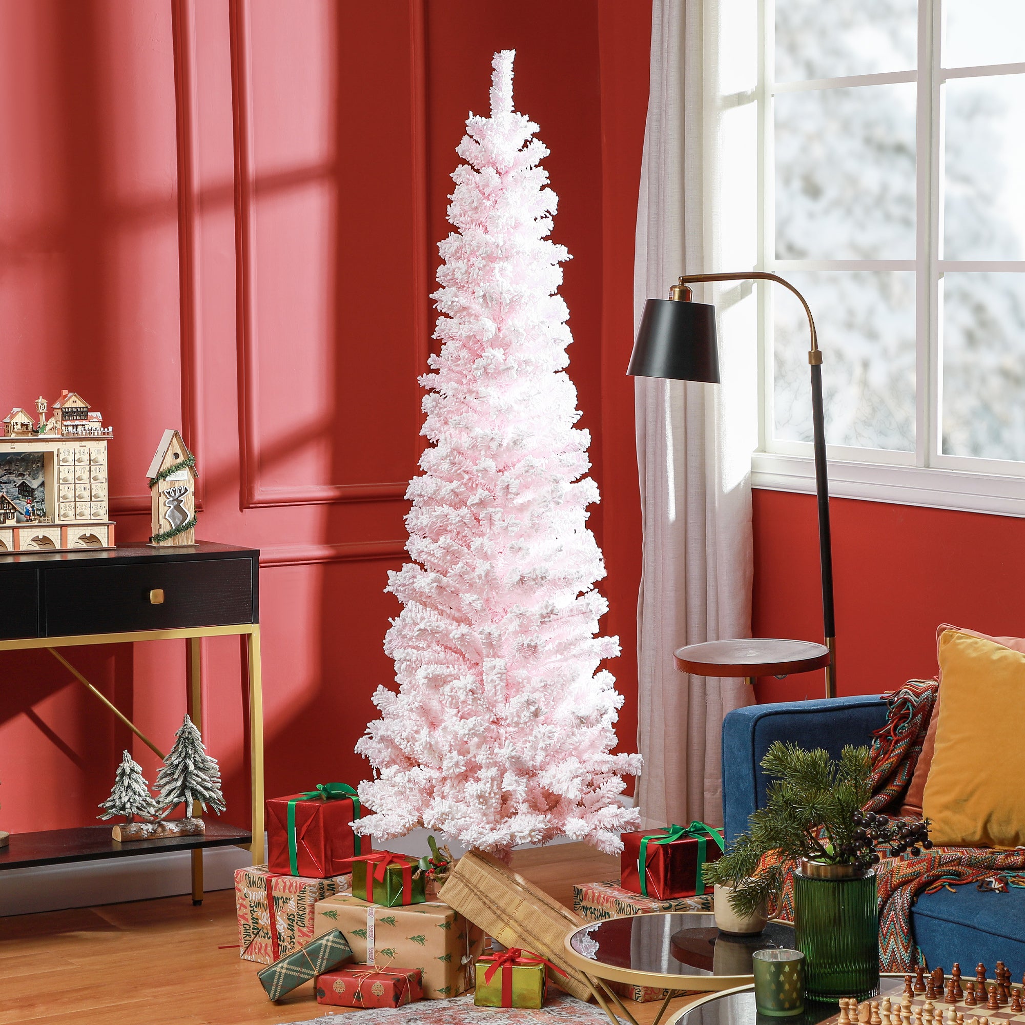 6ft Flocked Pencil Christmas Tree - Pink Realistic Tips-Home Furnishings > Holiday & Seasonal > Christmas Trees > Pencil Christmas Trees-DECOROLALA