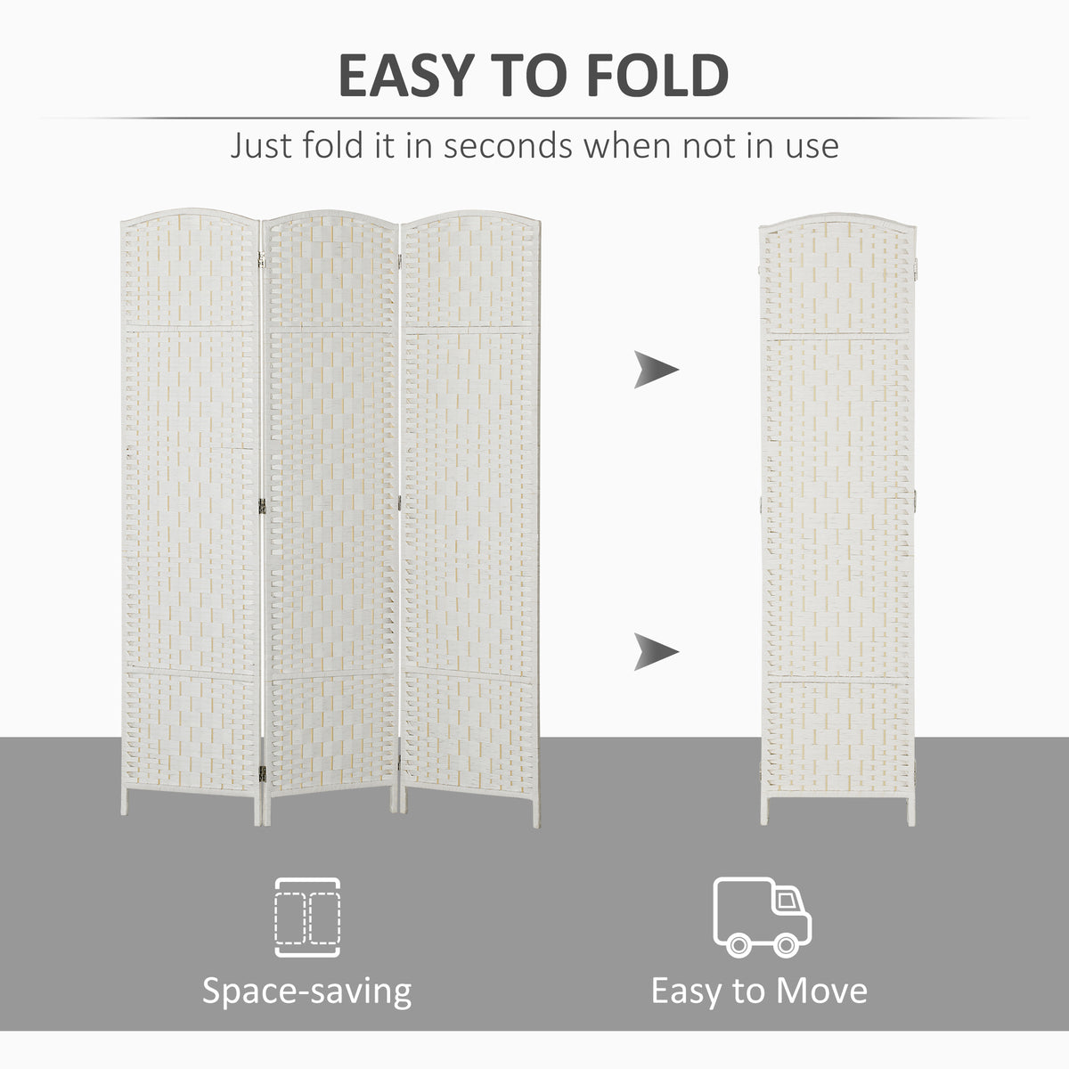 6ft Folding Room Divider - 3 Panel White Woven Privacy Screen-Home Furnishings > Living Room Furniture > Room Dividers-DECOROLALA