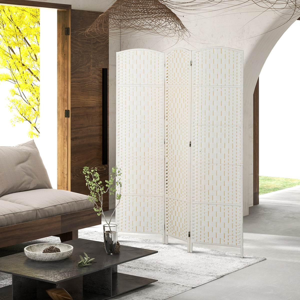 6ft Folding Room Divider - 3 Panel White Woven Privacy Screen-Home Furnishings > Living Room Furniture > Room Dividers-DECOROLALA