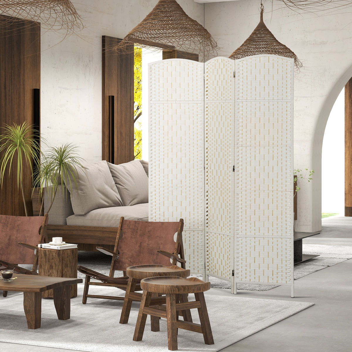6ft Folding Room Divider - 3 Panel White Woven Privacy Screen-Home Furnishings > Living Room Furniture > Room Dividers-DECOROLALA