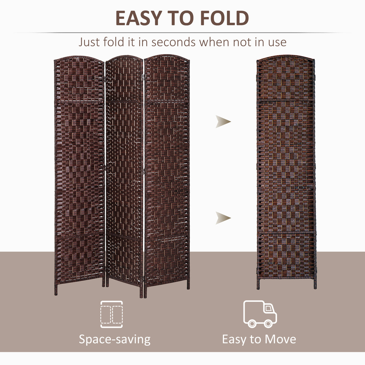 6ft Folding Room Divider - 3 Panel Woven Privacy Screen Brown-Home Furnishings > Living Room Furniture > Room Dividers-DECOROLALA