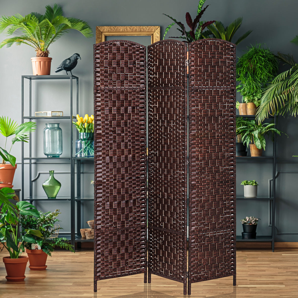 6ft Folding Room Divider - 3 Panel Woven Privacy Screen Brown-Home Furnishings > Living Room Furniture > Room Dividers-DECOROLALA
