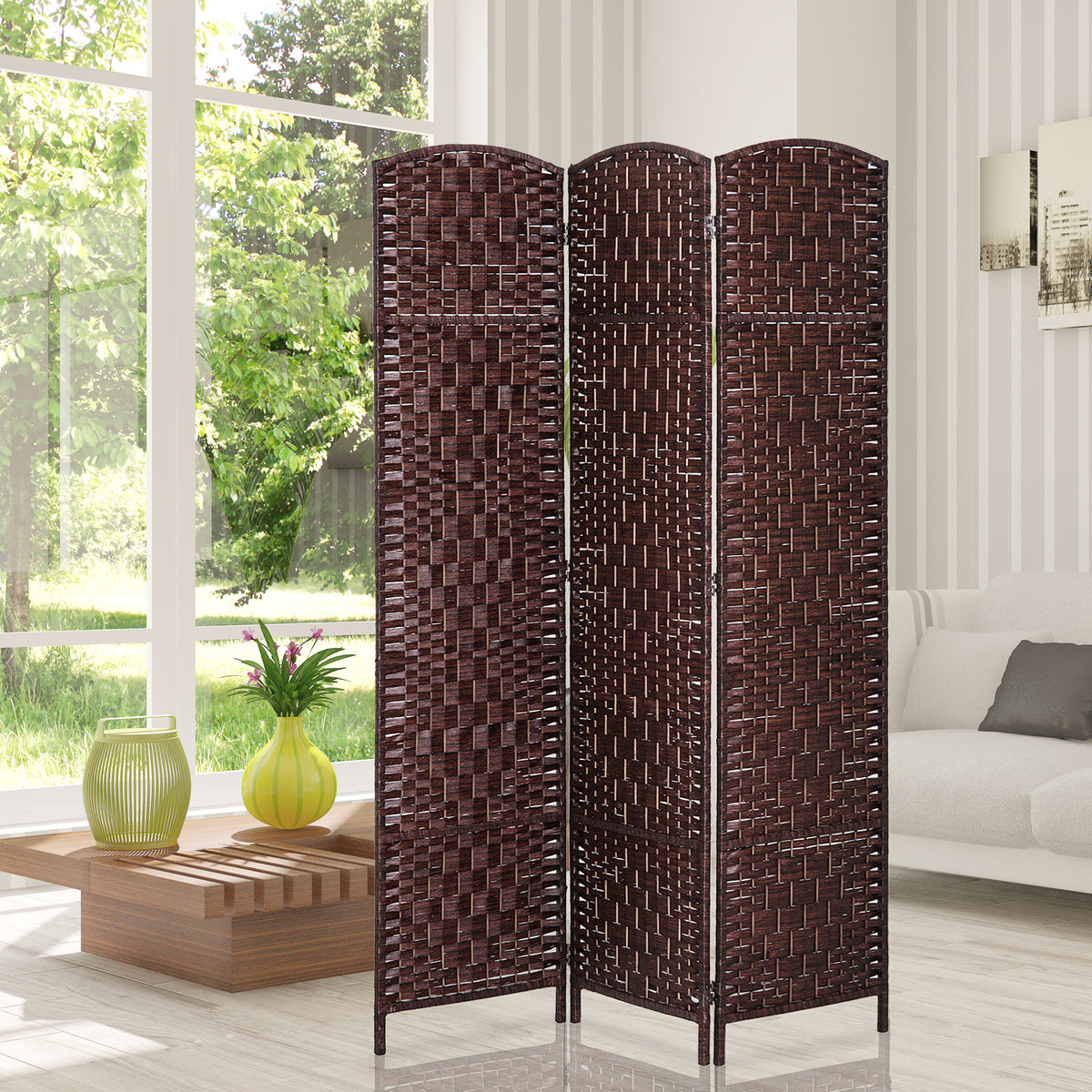 6ft Folding Room Divider - 3 Panel Woven Privacy Screen Brown-Home Furnishings > Living Room Furniture > Room Dividers-DECOROLALA