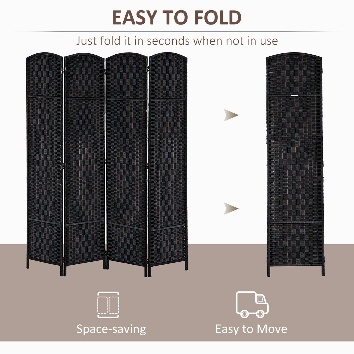 6ft Folding Room Divider - 4 Panel Woven Privacy Screen, Black-Home Furnishings > Living Room Furniture > Room Dividers-DECOROLALA
