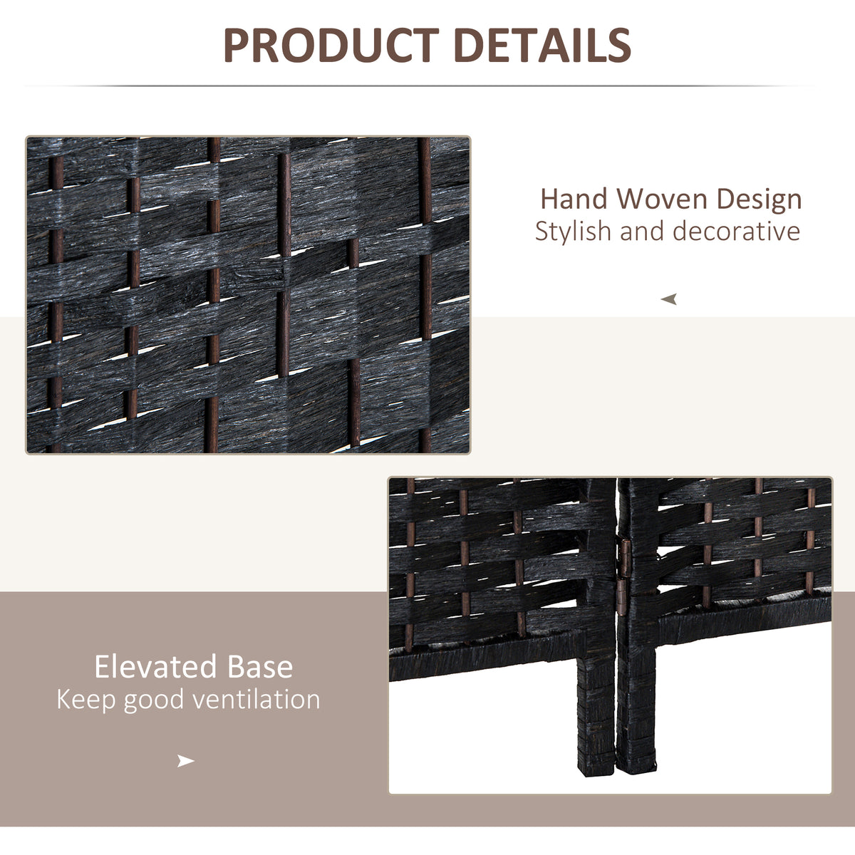 6ft Folding Room Divider - 4 Panel Woven Privacy Screen, Black-Home Furnishings > Living Room Furniture > Room Dividers-DECOROLALA