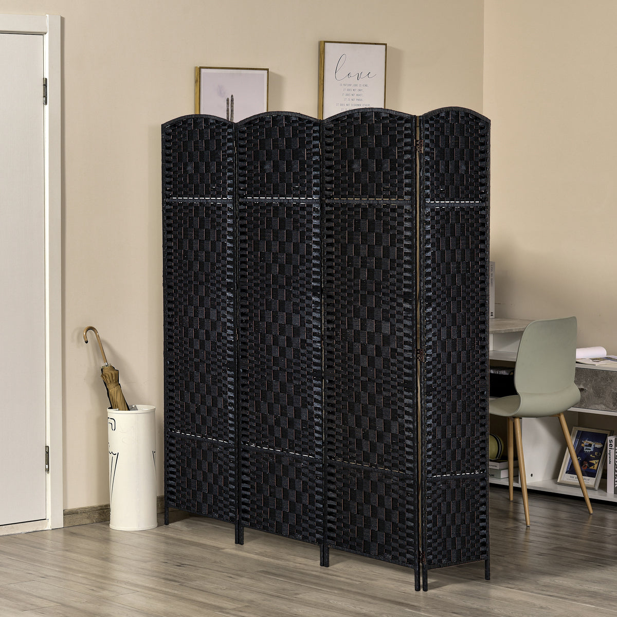 6ft Folding Room Divider - 4 Panel Woven Privacy Screen, Black-Home Furnishings > Living Room Furniture > Room Dividers-DECOROLALA