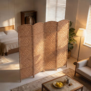 6ft Folding Room Divider - 4 Panel Woven Wood Screen, Natural-Home Furnishings > Living Room Furniture > Room Dividers-DECOROLALA