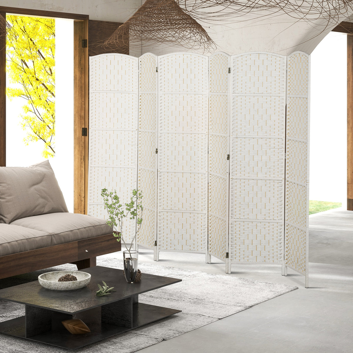 6ft Folding Room Divider - 6 Panel Wicker Privacy Screen White-Home Furnishings > Living Room Furniture > Room Dividers-DECOROLALA