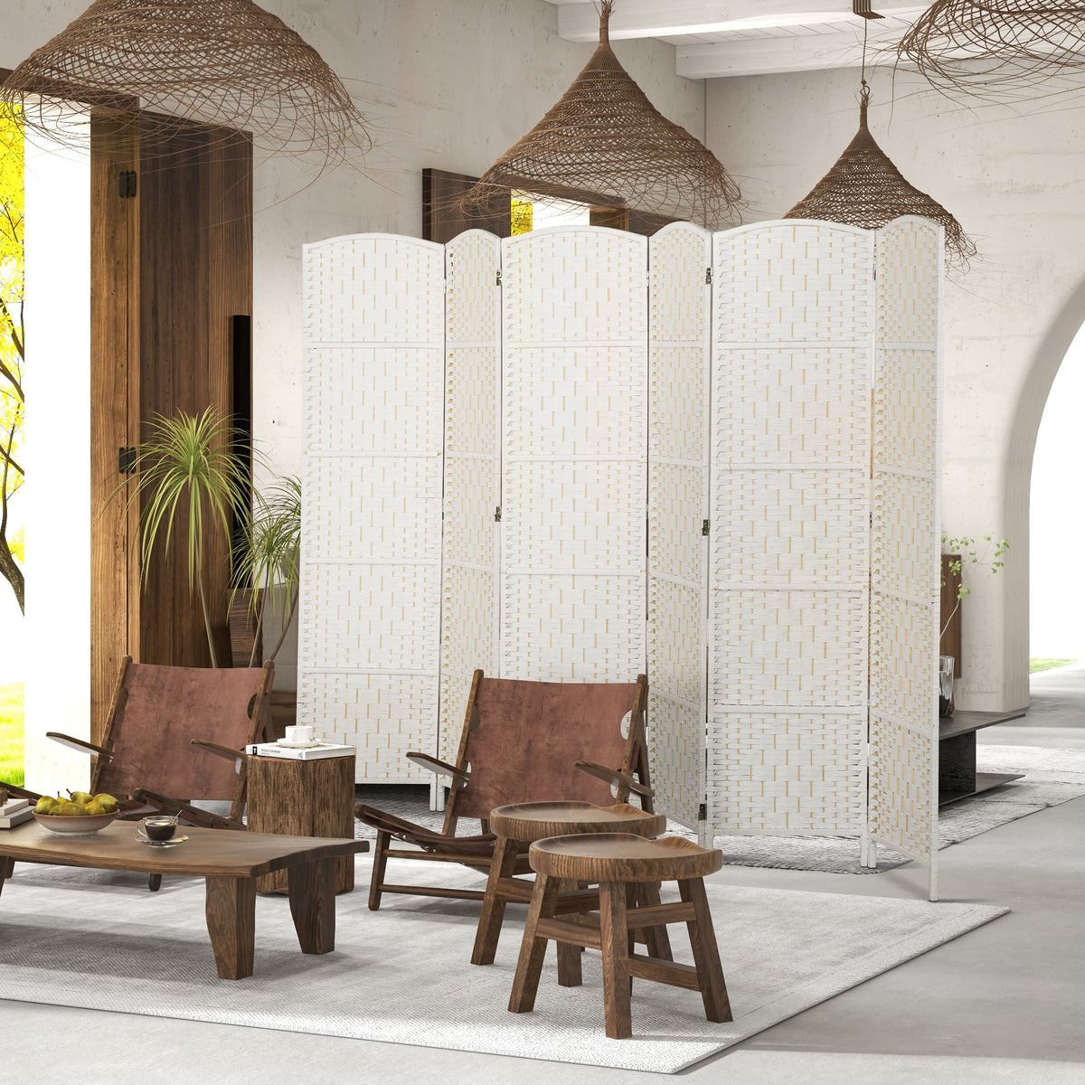 6ft Folding Room Divider - 6 Panel Wicker Privacy Screen White-Home Furnishings > Living Room Furniture > Room Dividers-DECOROLALA