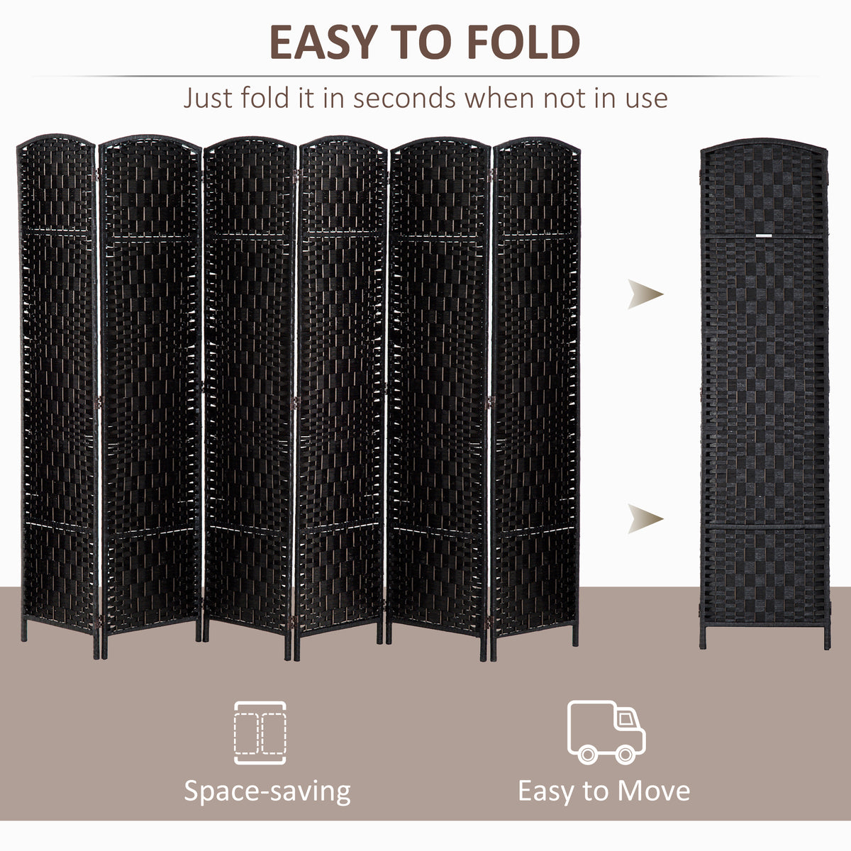 6ft Folding Room Divider - 6 Panel Woven Wicker Black-Home Furnishings > Living Room Furniture > Room Dividers-DECOROLALA