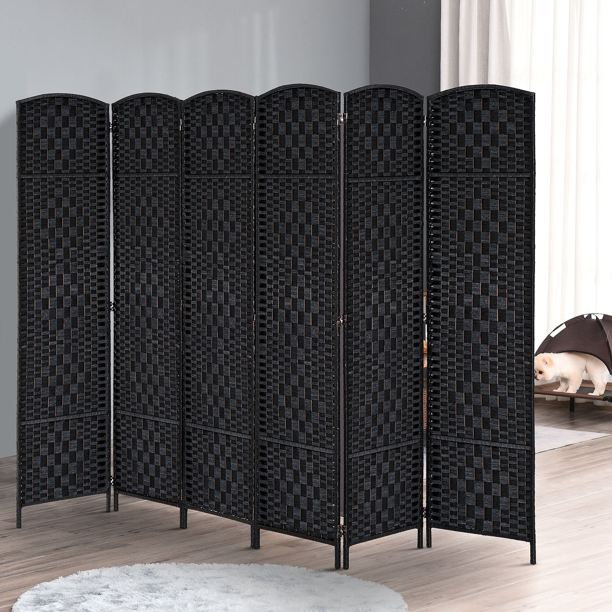 6ft Folding Room Divider - 6 Panel Woven Wicker Black-Home Furnishings > Living Room Furniture > Room Dividers-DECOROLALA