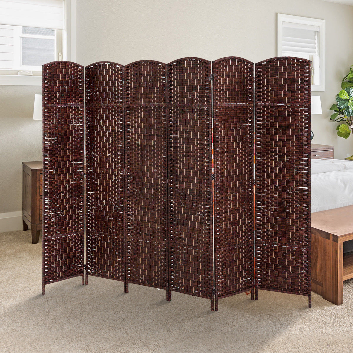 6ft Folding Room Divider - 6 Panel Woven Wicker Brown-Home Furnishings > Living Room Furniture > Room Dividers-DECOROLALA