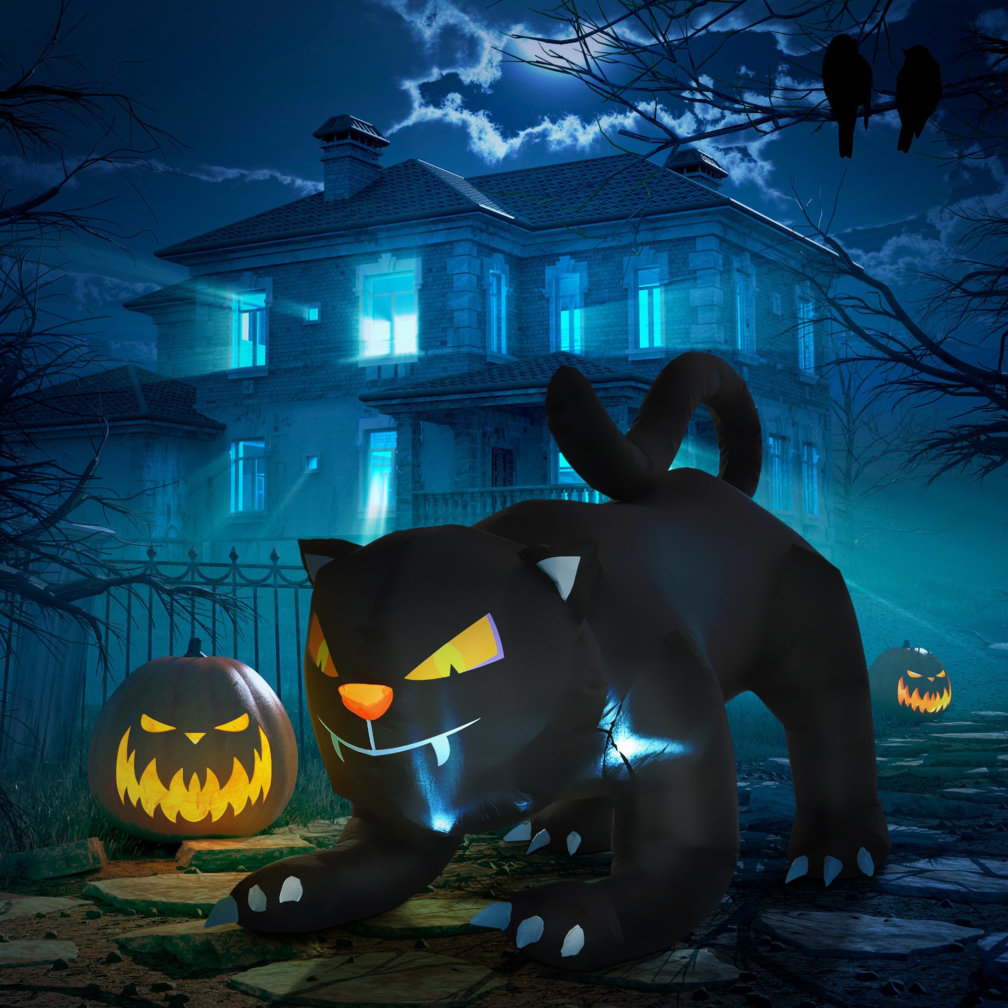 6ft Halloween Inflatable Crouching Black Cat with LED Lights-Home Furnishings > Holiday & Seasonal > Halloween Decorations-DECOROLALA