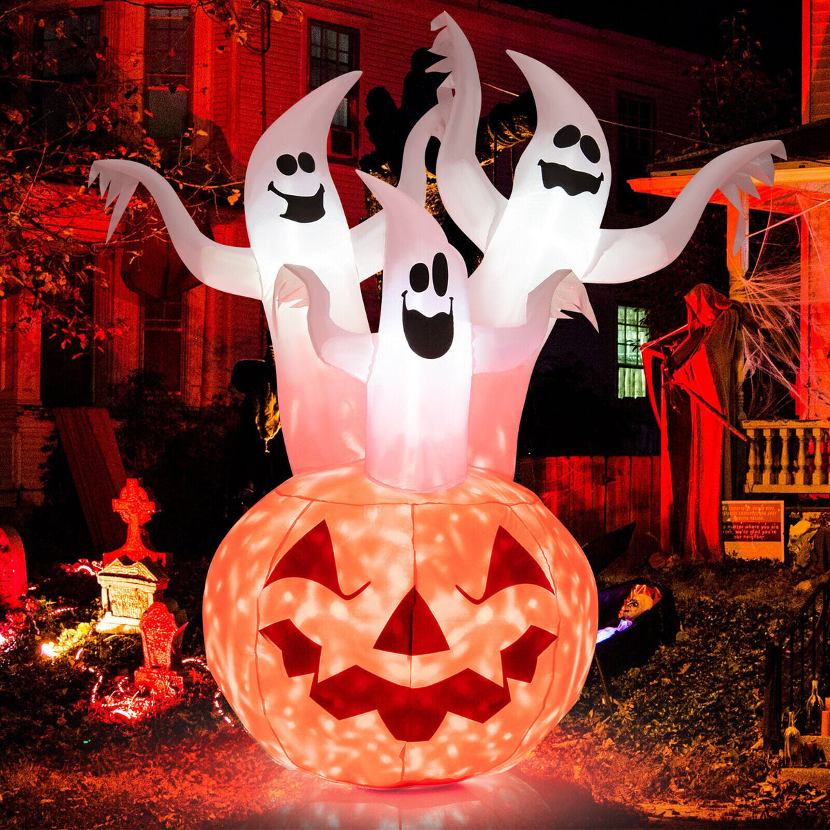6ft Inflatable Halloween Ghost and Pumpkin with LED Rotating Light-Halloween-DECOROLALA