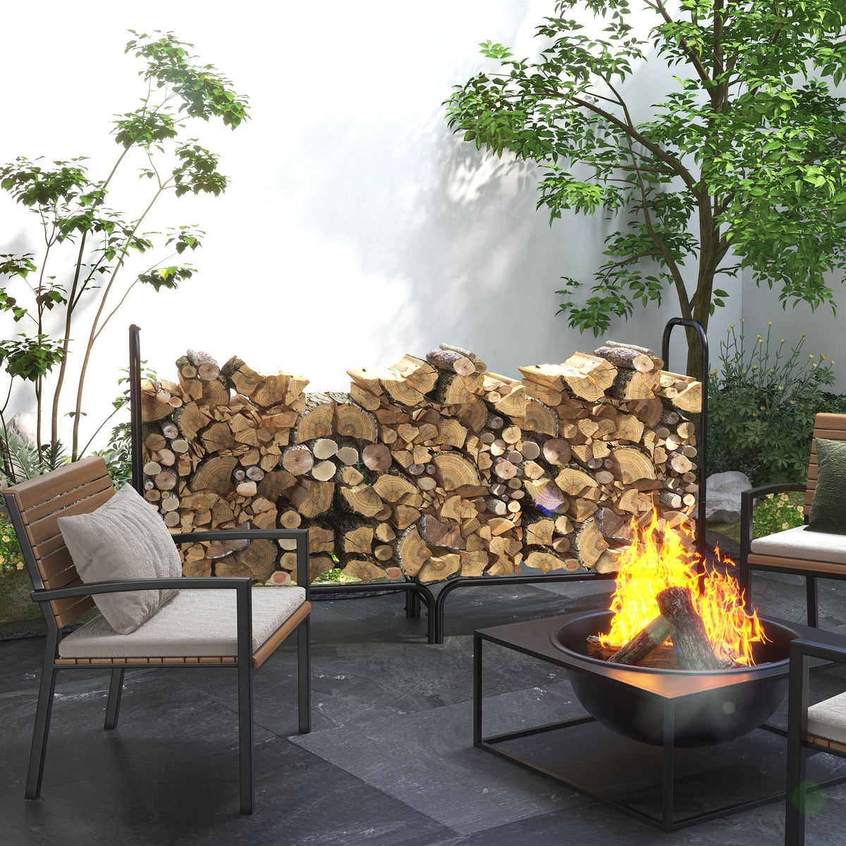 6ft Outdoor Firewood Rack with Cover - Black Steel 71" W-Firewood Racks-DECOROLALA