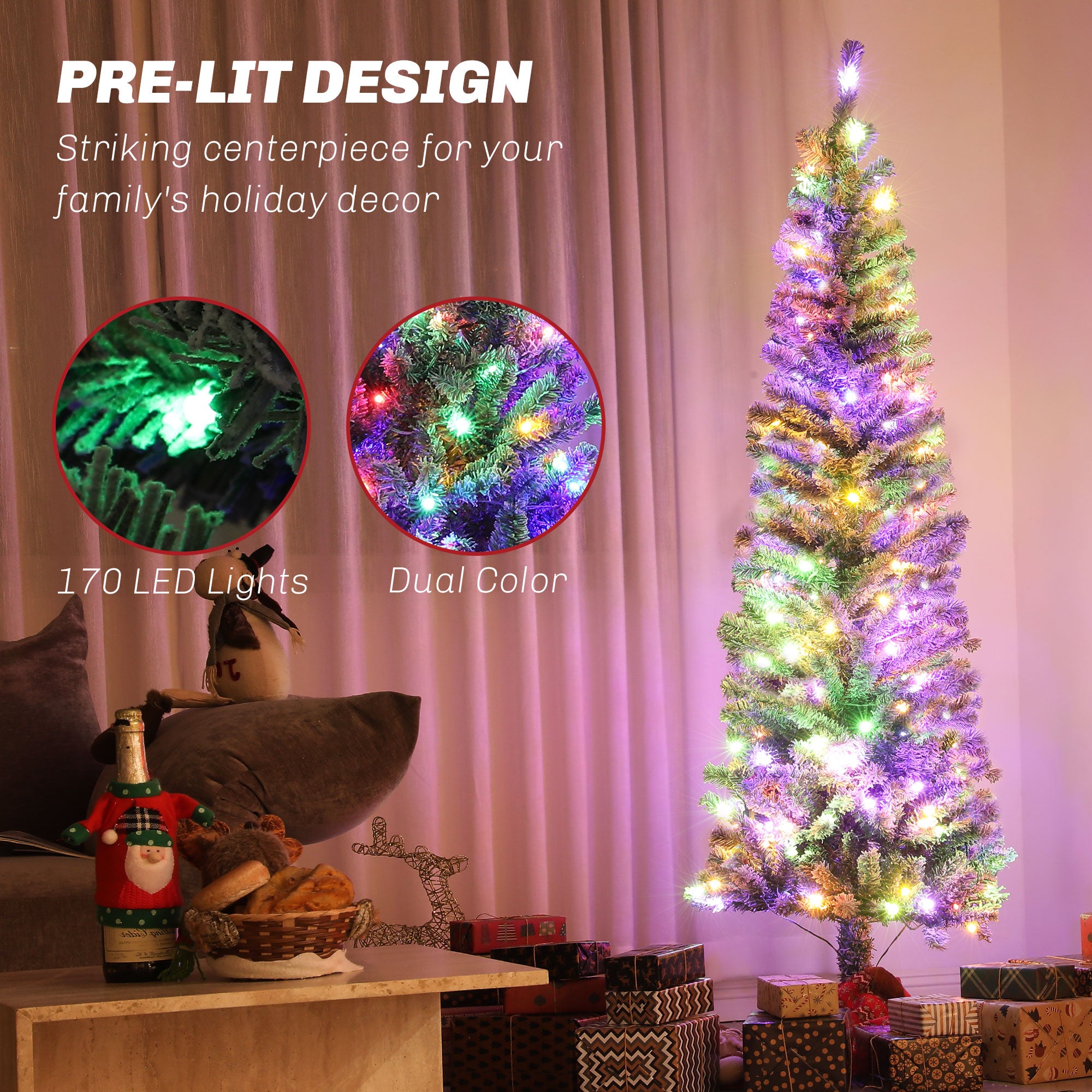 6ft Prelit Flocked Pencil Christmas Tree with Remote-Home Furnishings > Holiday & Seasonal > Christmas Trees > Pre Lit Christmas Trees-DECOROLALA
