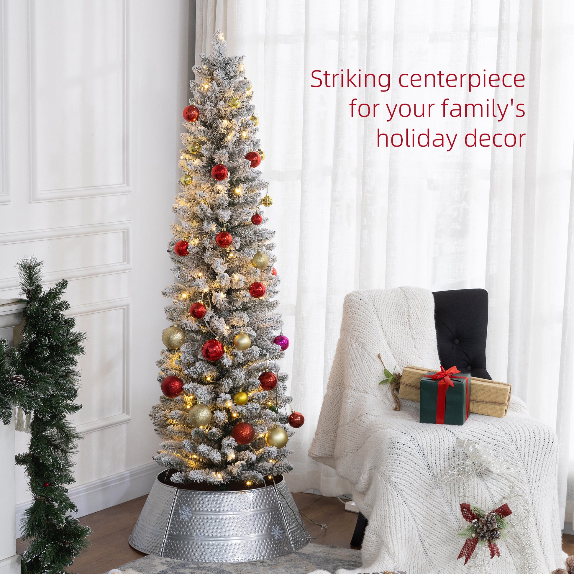 6ft Prelit Snow Flocked Pencil Christmas Tree - Warm White LED-Home Furnishings > Holiday & Seasonal > Christmas Trees > Pre Lit Christmas Trees-DECOROLALA
