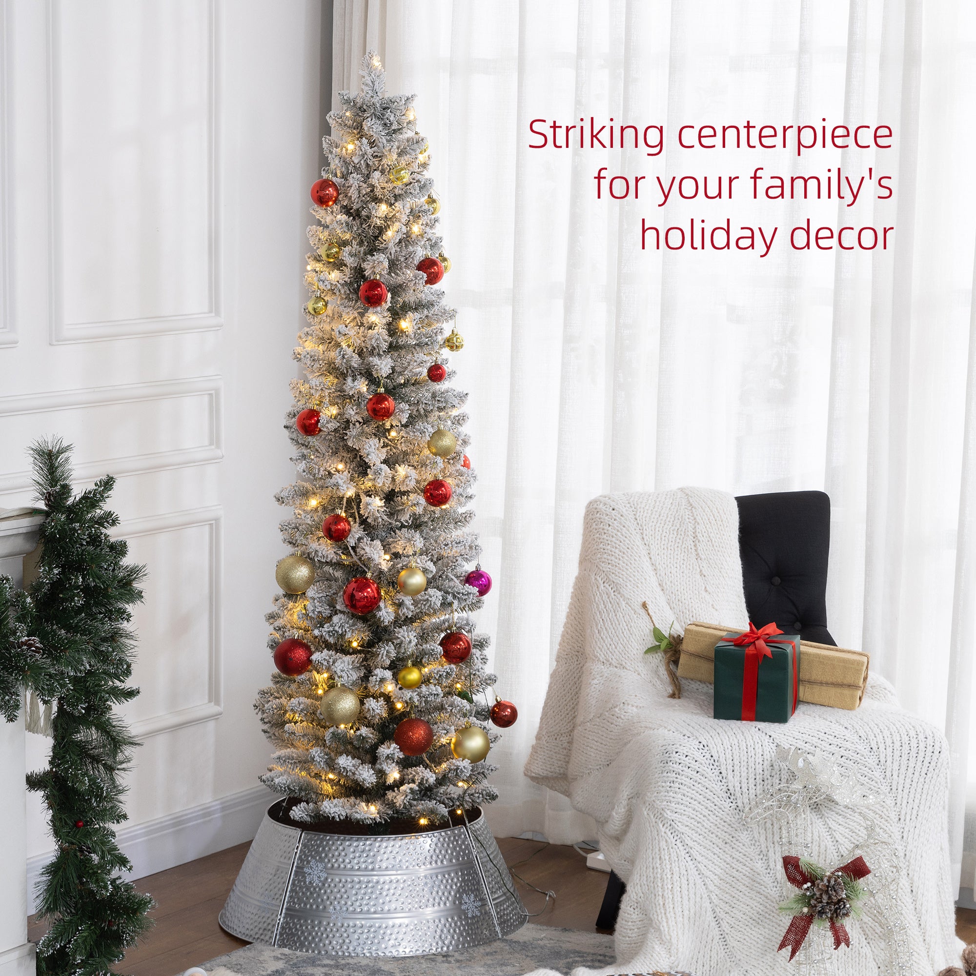 6ft Prelit Snow Flocked Pencil Christmas Tree - Warm White LED-Home Furnishings > Holiday & Seasonal > Christmas Trees > Pre Lit Christmas Trees-DECOROLALA