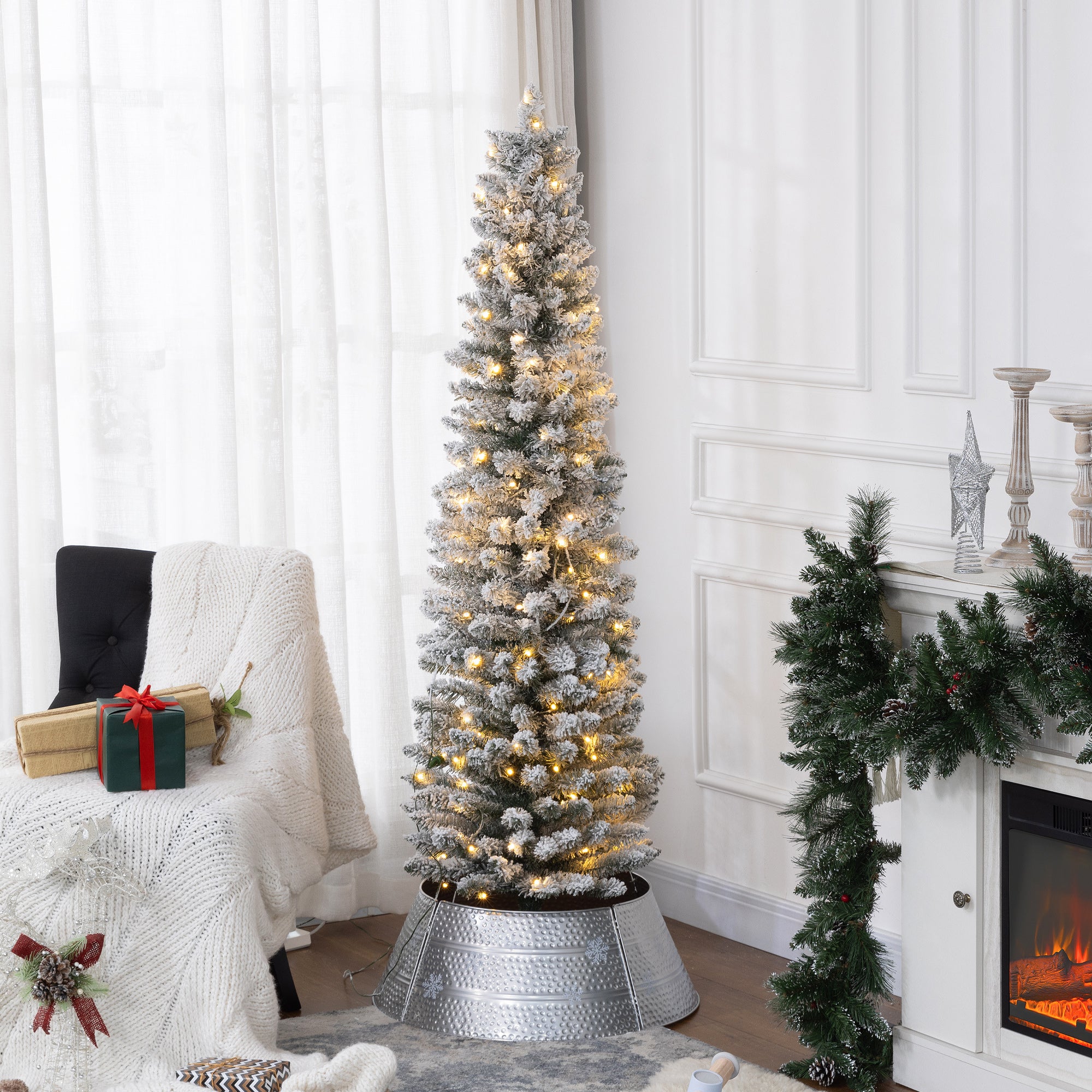 6ft Prelit Snow Flocked Pencil Christmas Tree - Warm White LED-Home Furnishings > Holiday & Seasonal > Christmas Trees > Pre Lit Christmas Trees-DECOROLALA