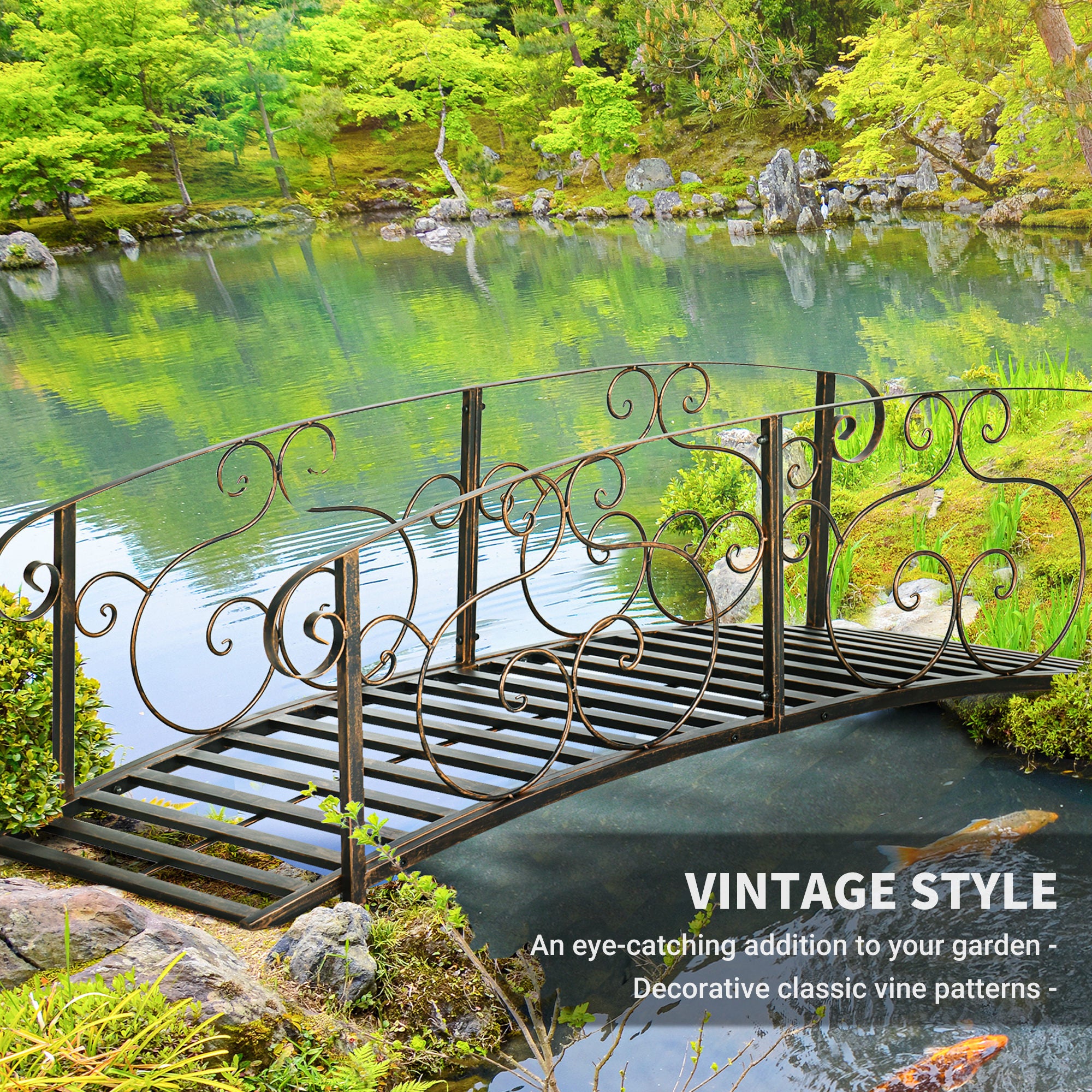 6ft Steel Garden Bridge with Rails - Brown Vintage Arc-DECOROLALA
