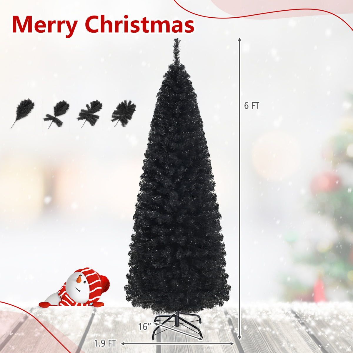 6ft Unlit Artificial Christmas Halloween Pencil Tree Black with Metal Stand-Black-Christmas Trees-DECOROLALA
