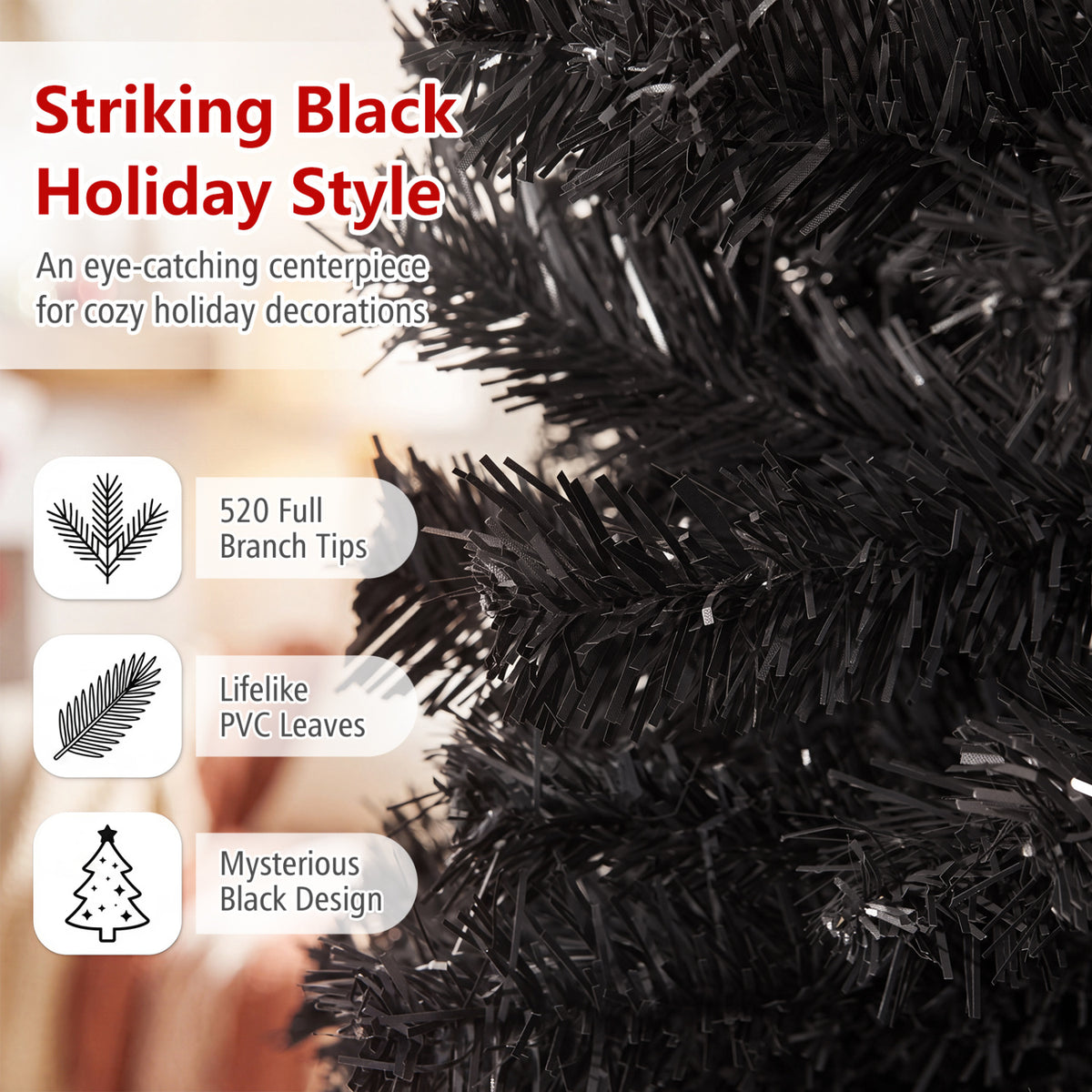 6ft Unlit Artificial Christmas Halloween Pencil Tree Black with Metal Stand-Black-Christmas Trees-DECOROLALA