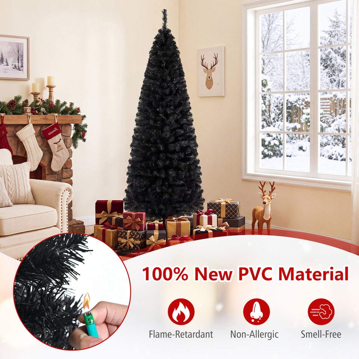 6ft Unlit Artificial Christmas Halloween Pencil Tree Black with Metal Stand-Black-Christmas Trees-DECOROLALA