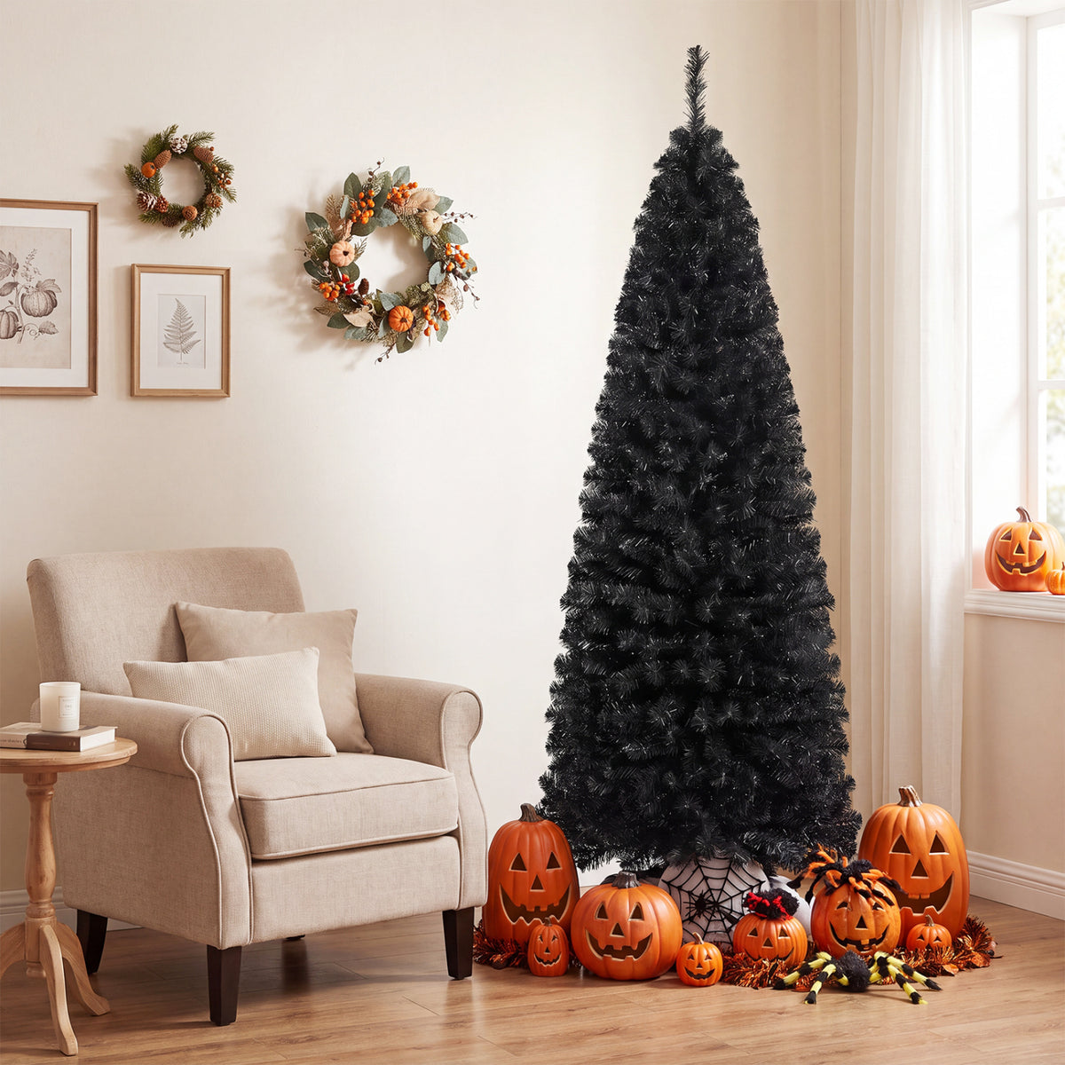 6ft Unlit Artificial Christmas Halloween Pencil Tree Black with Metal Stand-Black-Christmas Trees-DECOROLALA