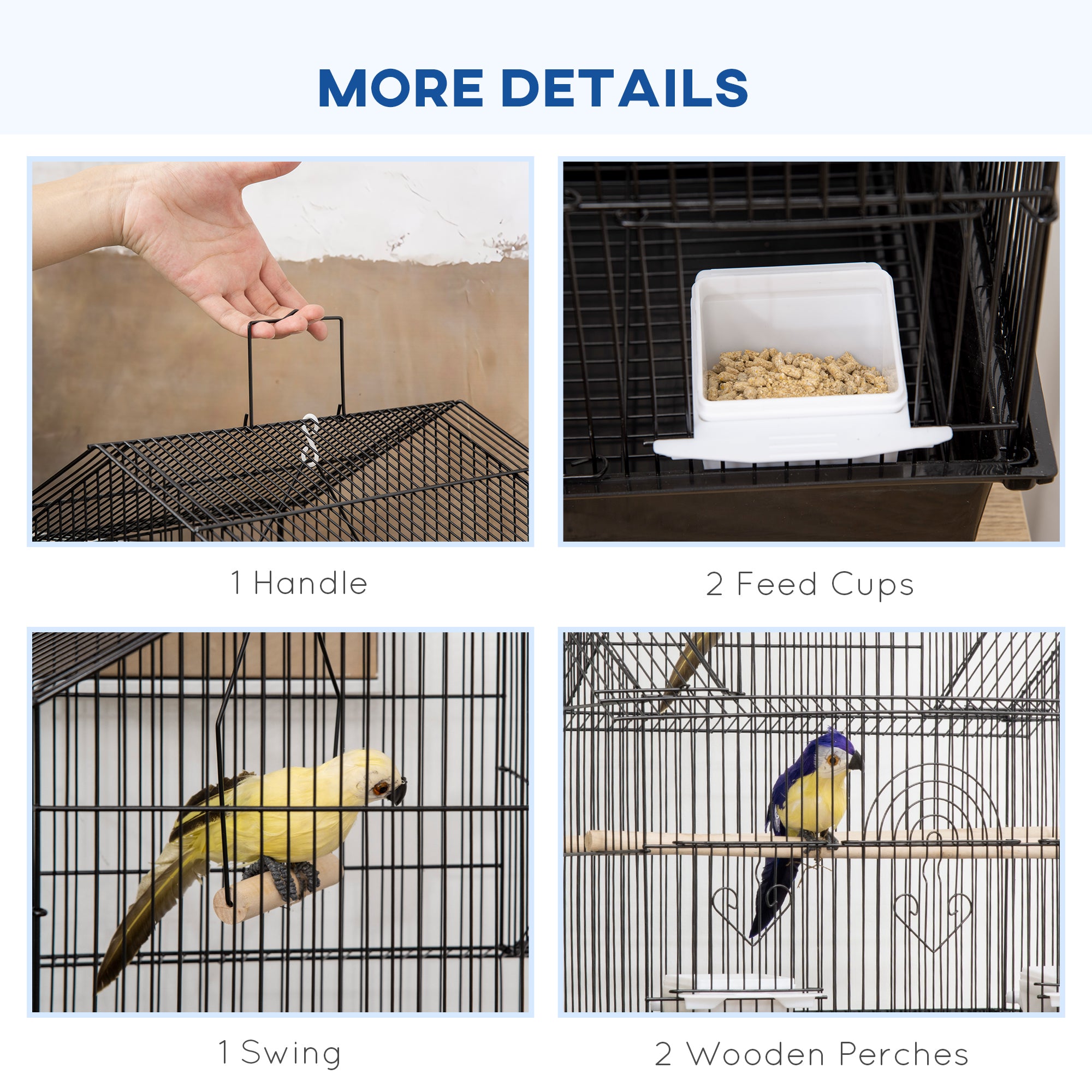 48" Bird Cage with Perch, Swing, Food Container, Slide-out Tray, Handle, Parrot Cage for Finches, Canaries, Budgies