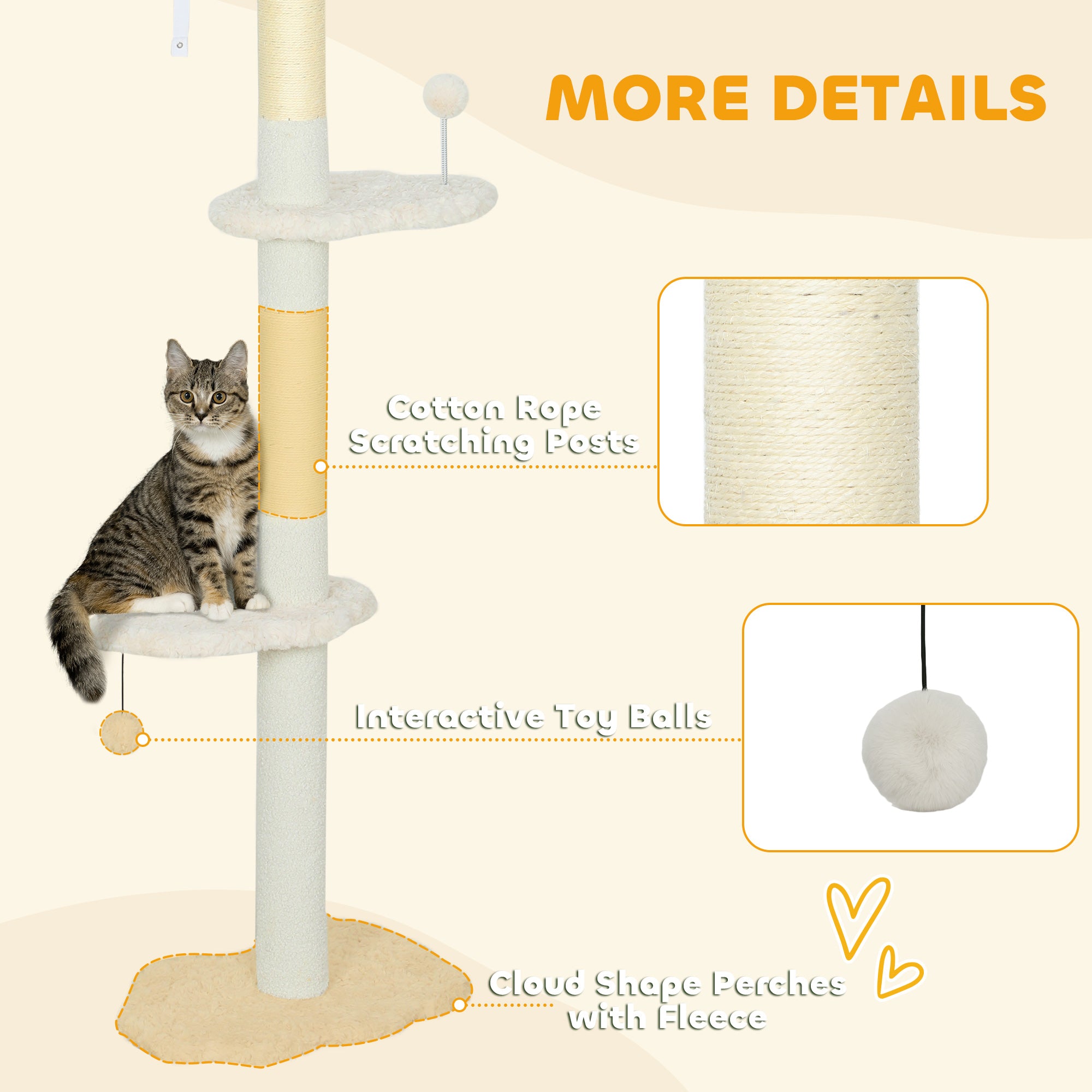 88.5"-100.5" Floor to Ceiling Cat Tree, Cat Tower with Scratching Posts, Cloud Shaped Platforms, Dangling Balls, Cream
