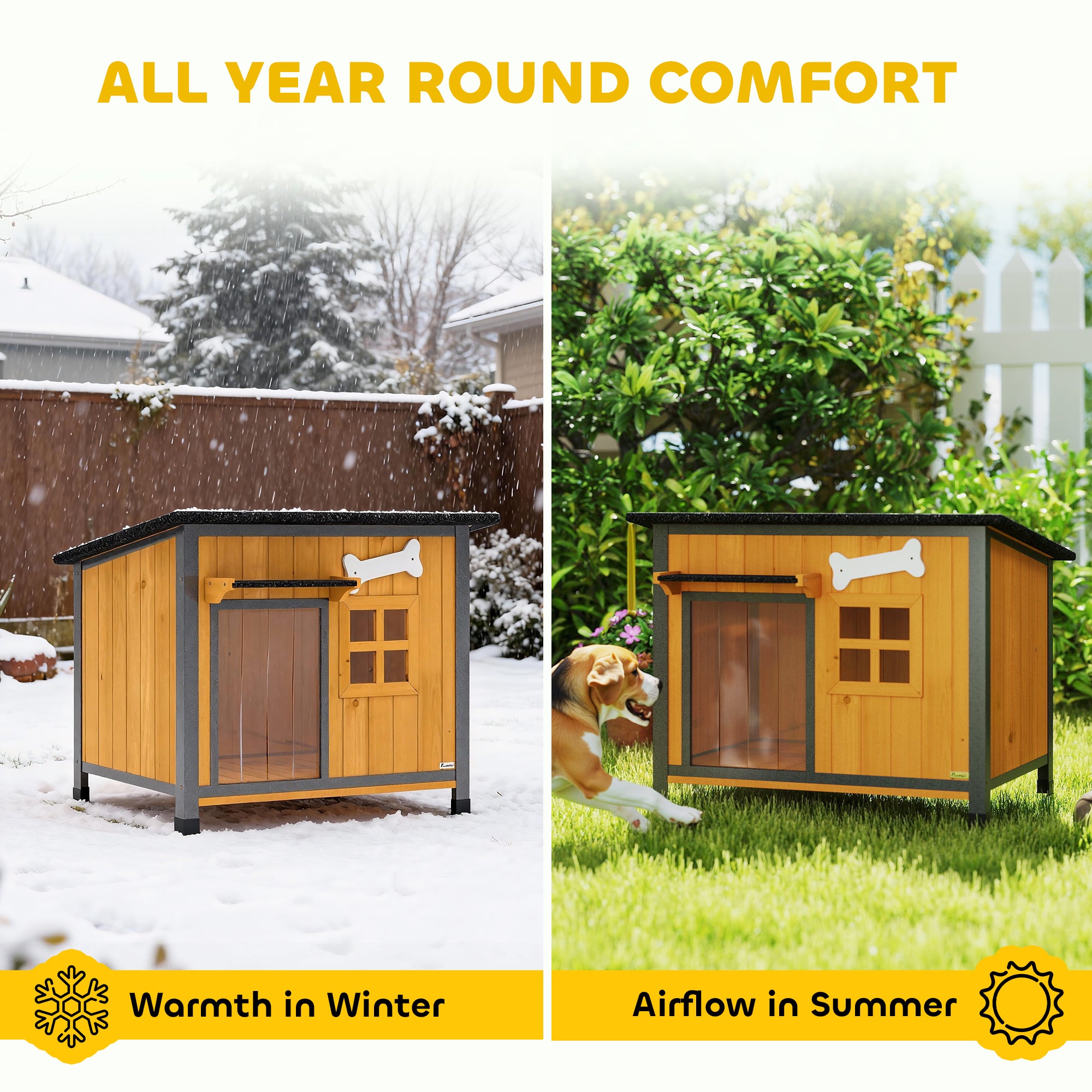 Outdoor Dog House with Anti-Chewing Steel Frame, Openable Roof, Removable Floor, Door Curtain, Yellow