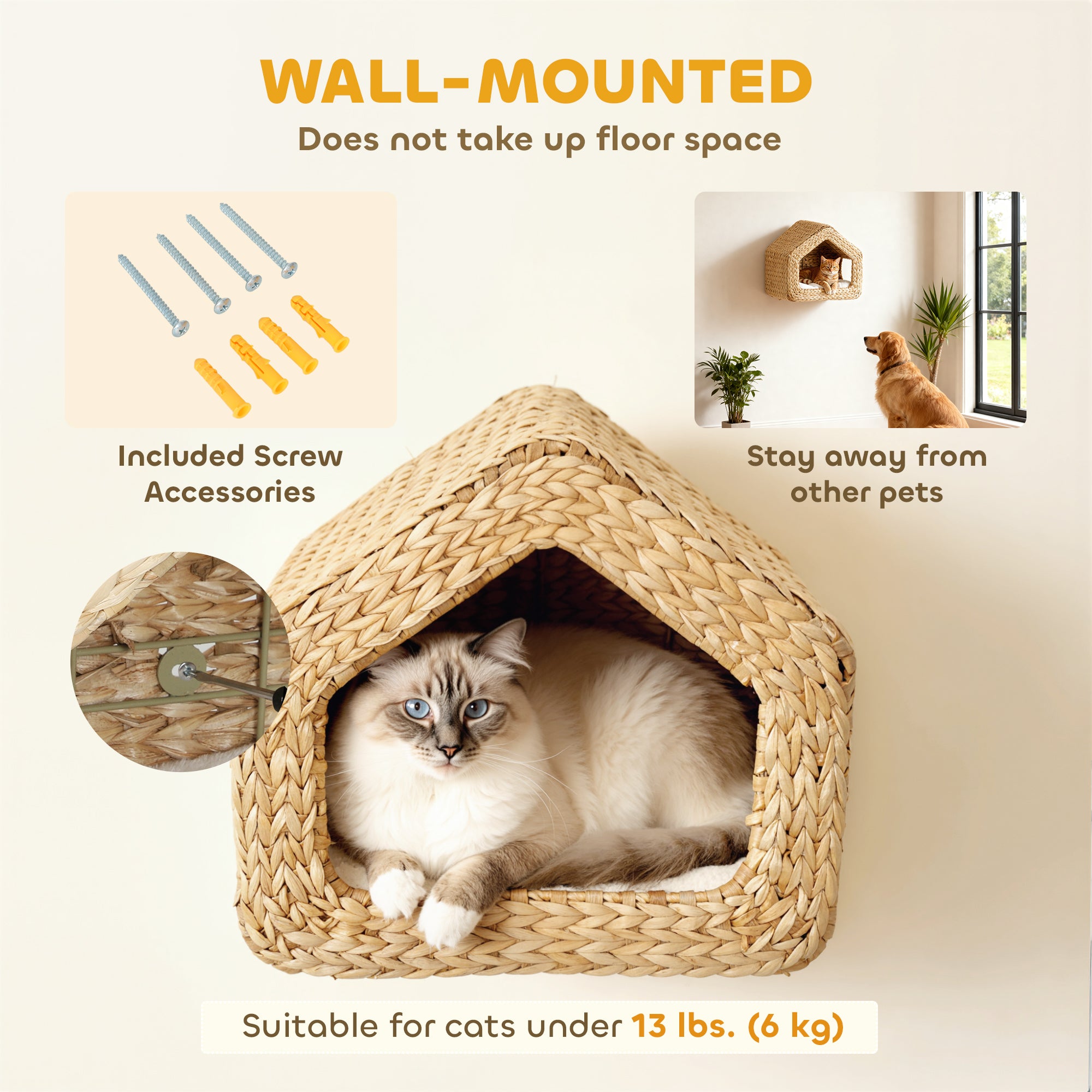 Cat Wall Shelf, Wall Mounted Cat House with Washable Cushion, Kitty Shelf Furniture for Indoor Kittens, Natural