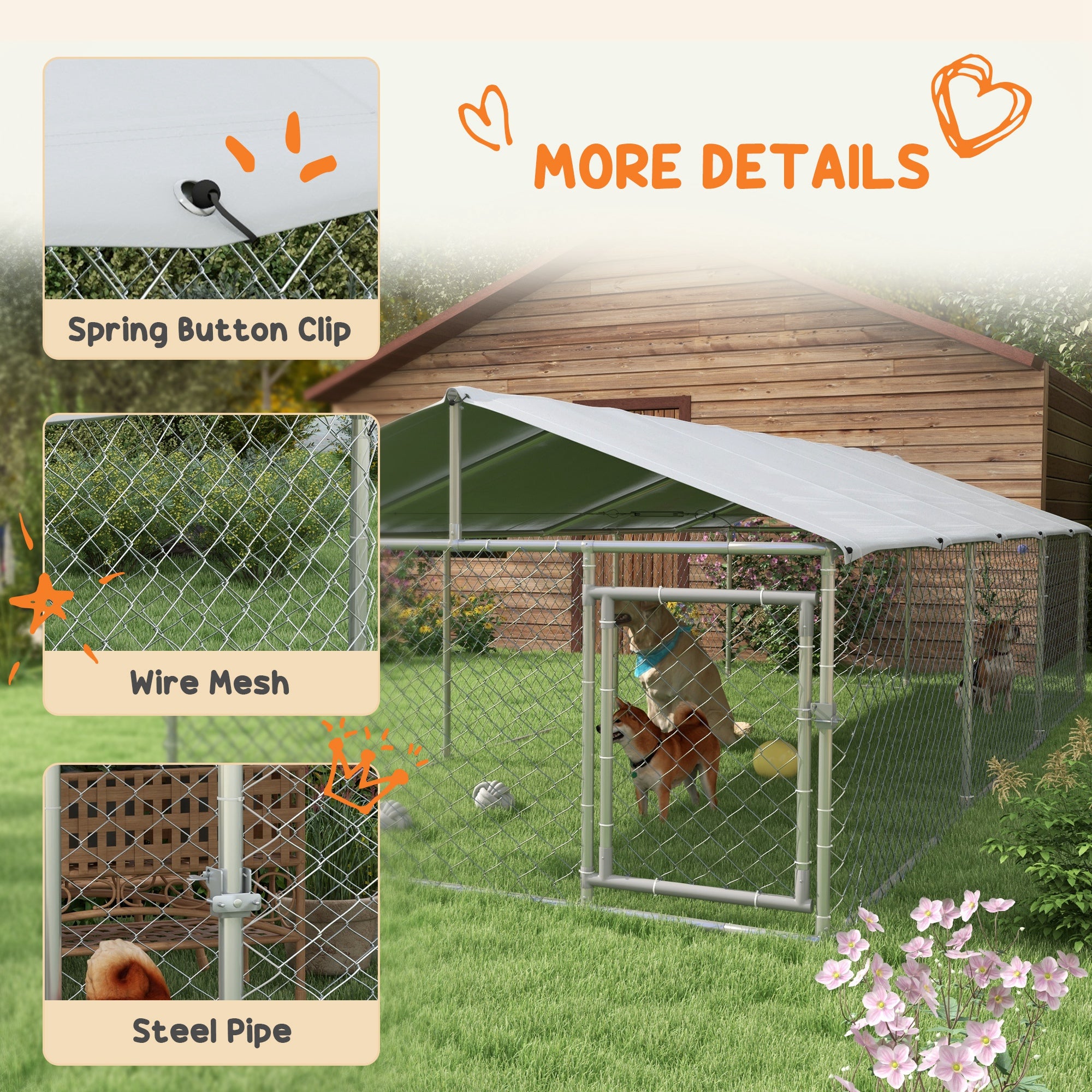 Parc extérieur pour chiens de 19.7' x 7.5' x 4.9', résistant aux intempéries, avec espace de jeu, pour chiens moyens et doux, avec couverture résistante aux UV et imperméable, argenté