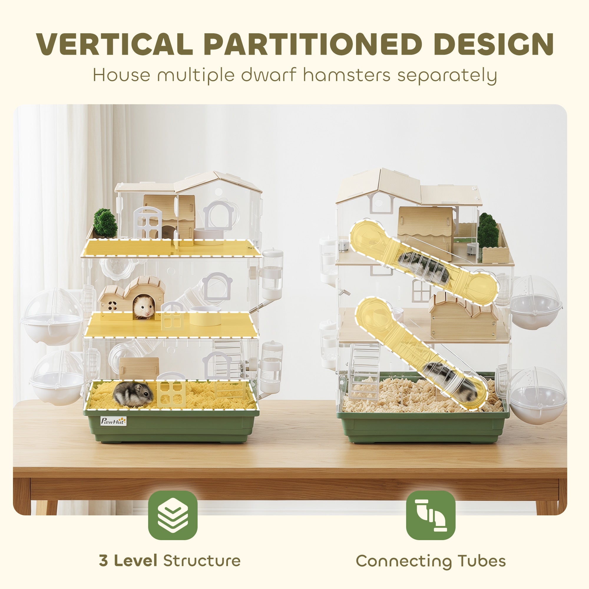 Large Hamster Cage, 3 Tiers Acrylic Hamster Habitat with Water Bottles, Running Wheel for Pet Mice, Dwarf Hamster