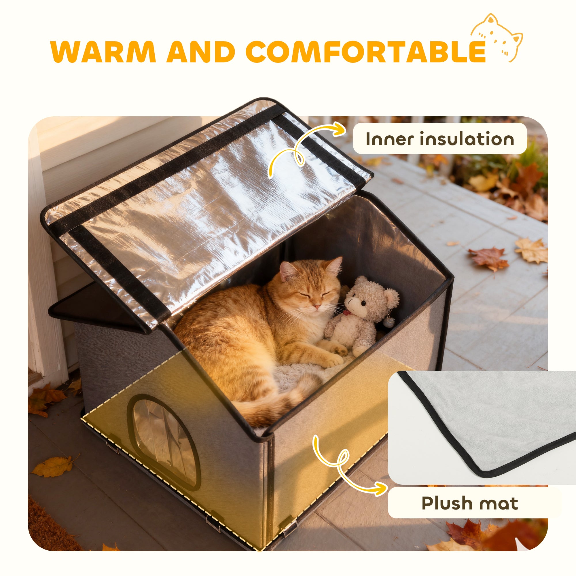 Outdoor Cat House, Waterproof Insulated Cat Kennel with Elevated Base, Foldable Feral Kitty Shelter for Kittens, Grey