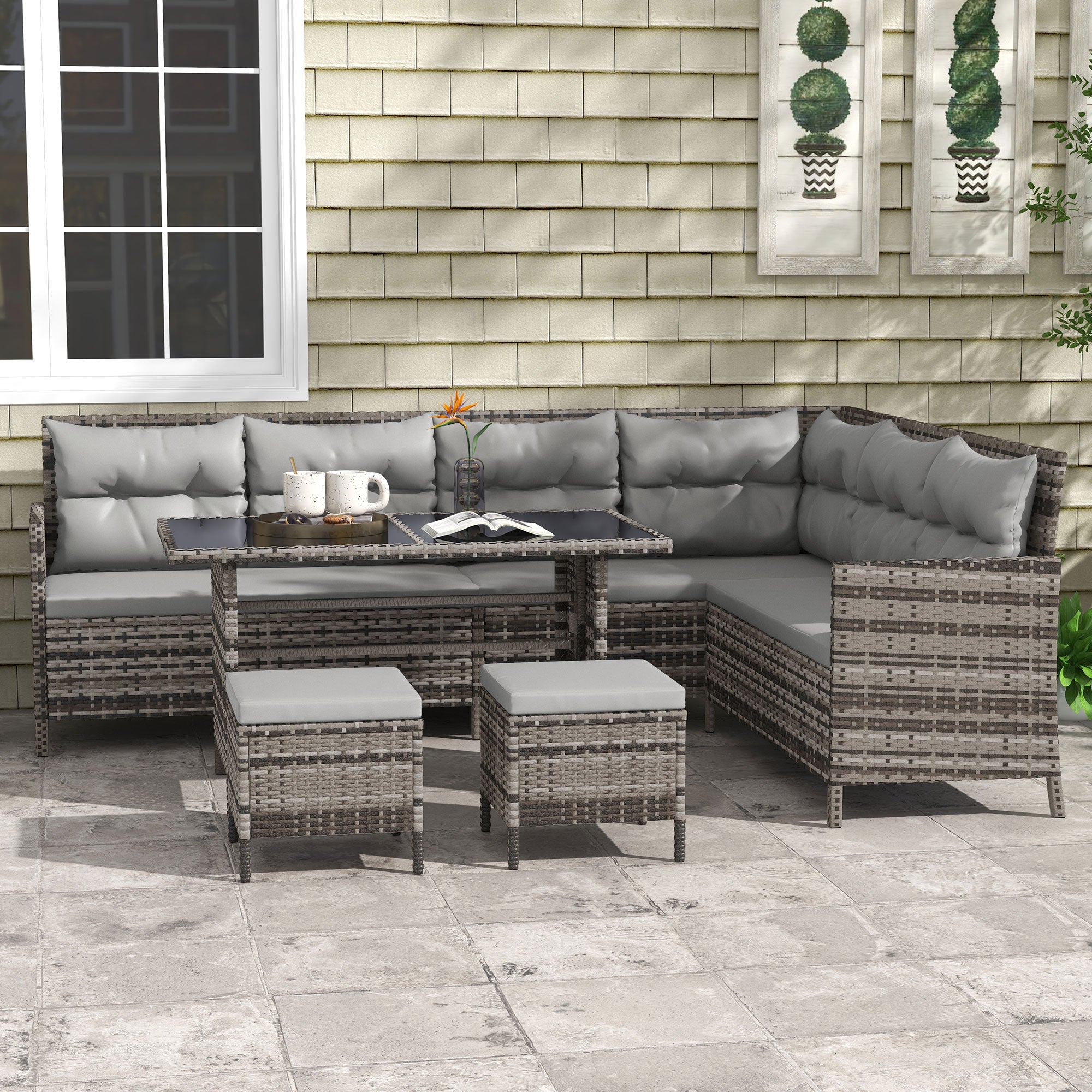 6pc Outdoor Rattan Sofa Set with Dining Table - Grey-DECOROLALA
