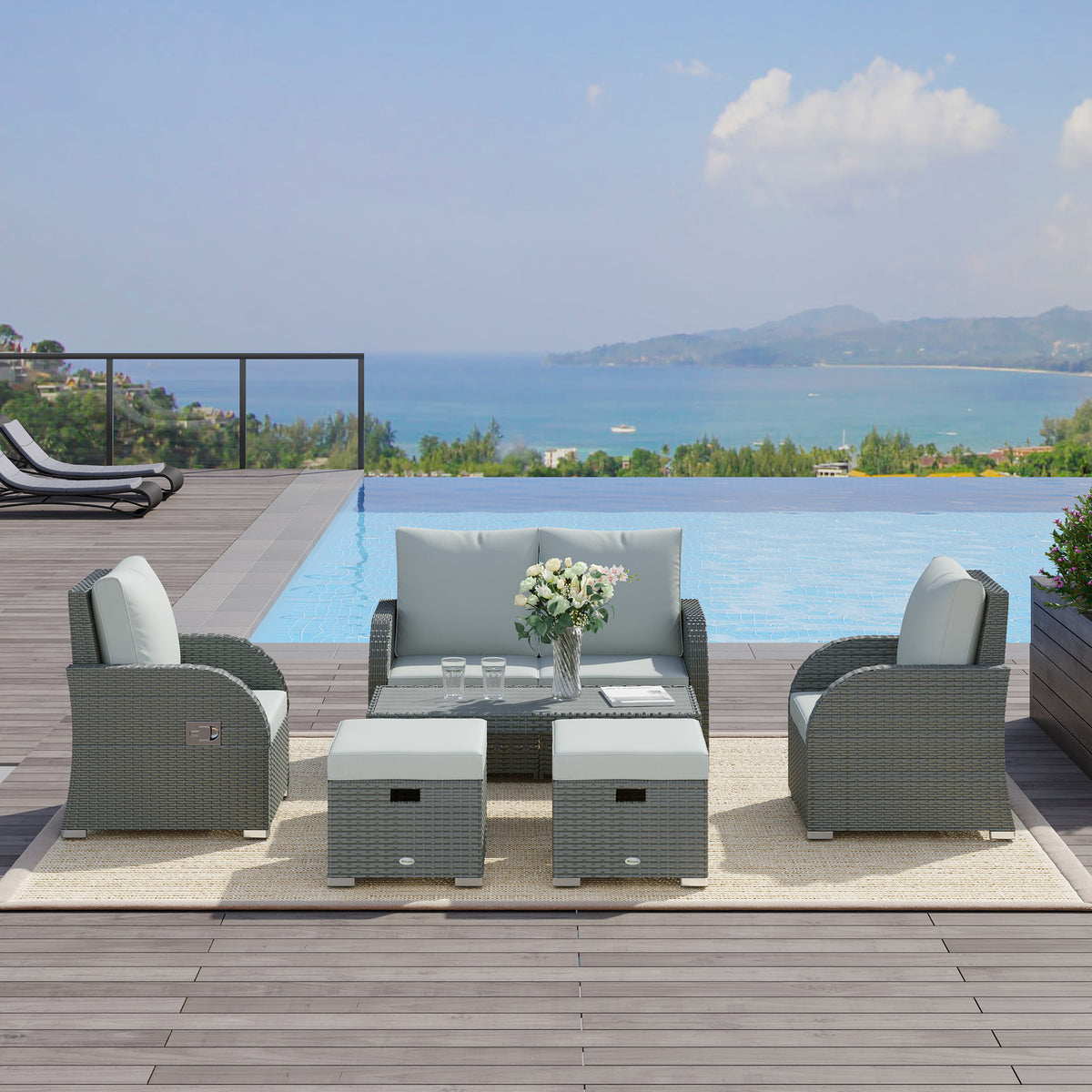6pc Outdoor Rattan Wicker Sofa Set Grey w/ Cushions-Patio Conversation Sets-DECOROLALA