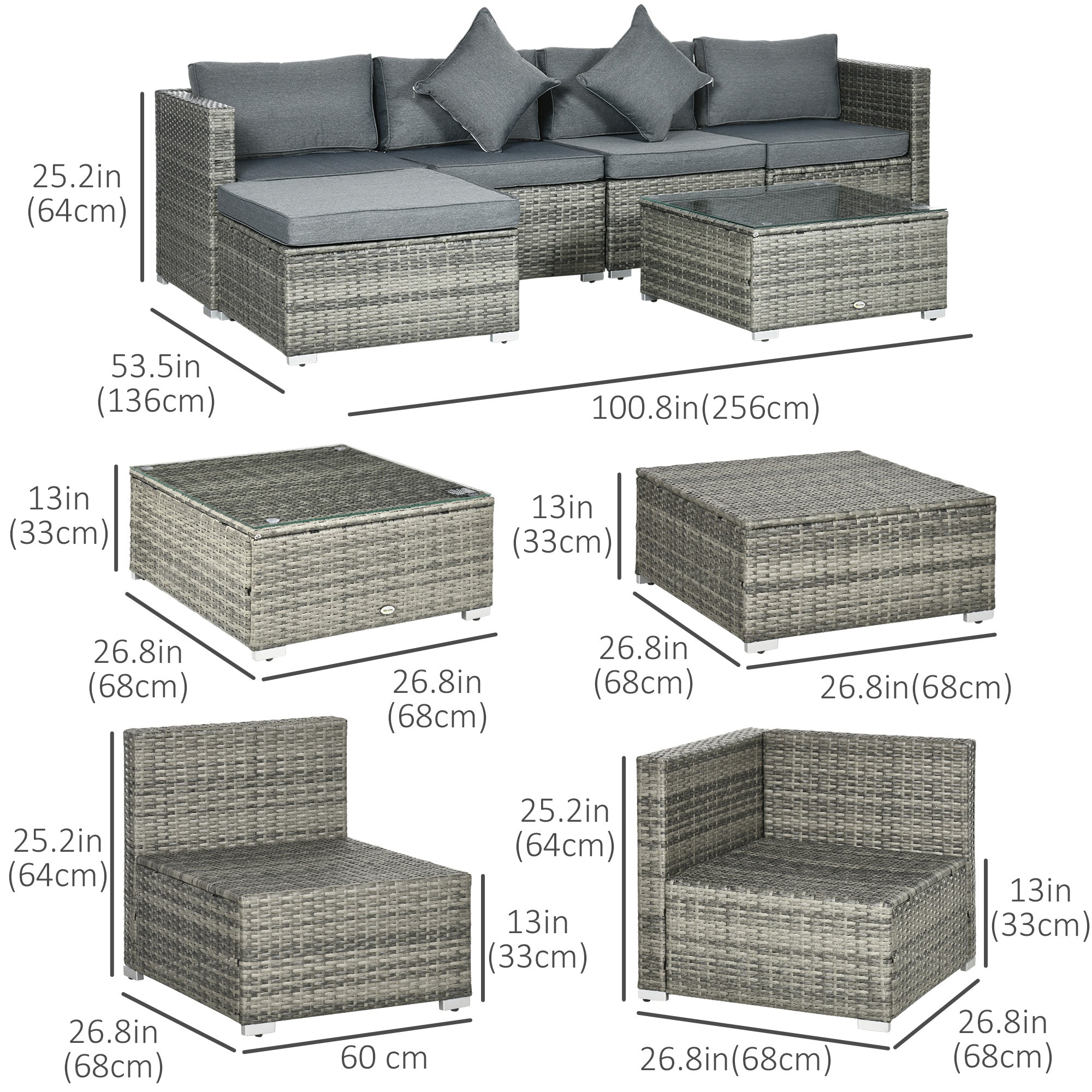 6pc PE Rattan Patio Sectional Set - Grey with Cushions-DECOROLALA