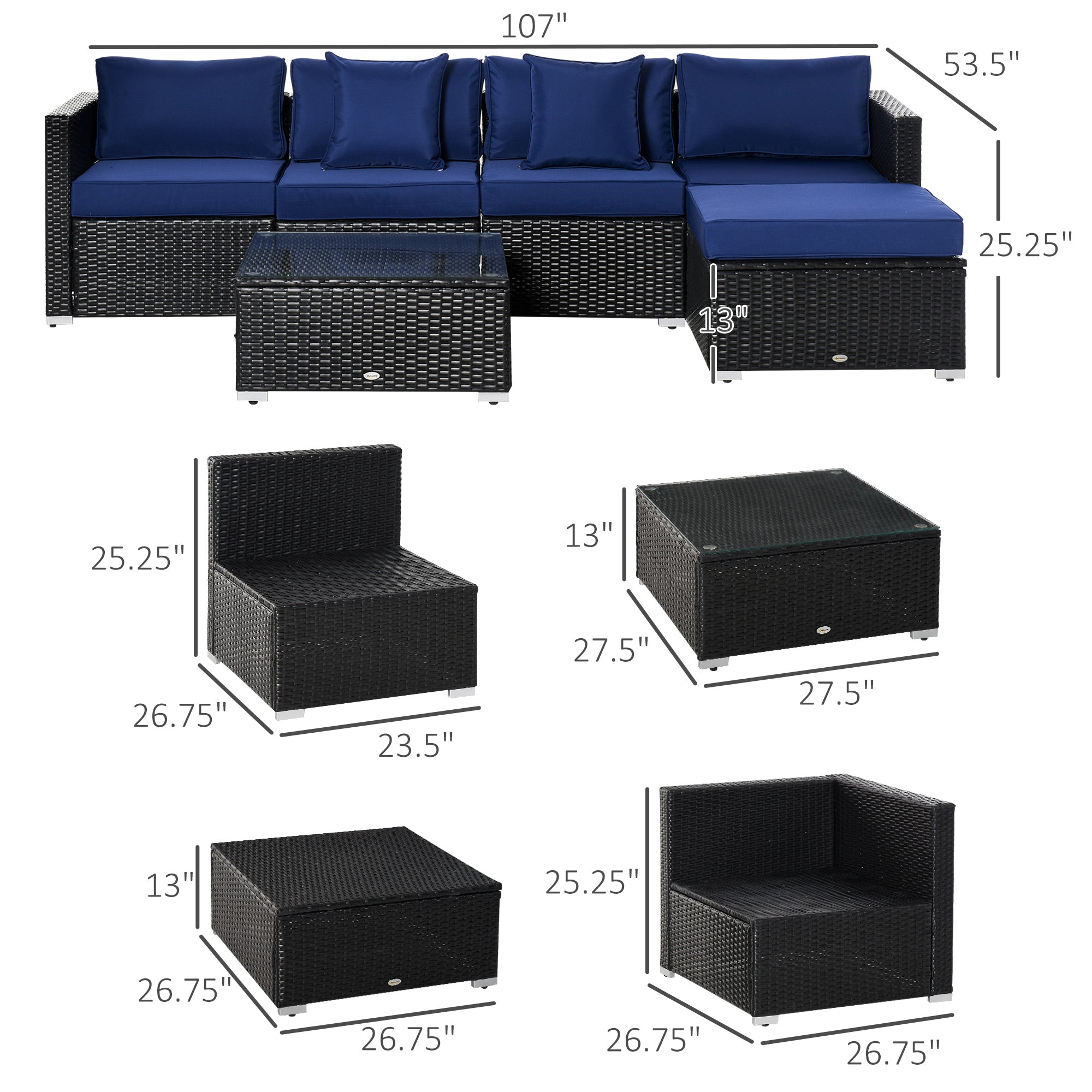 6pc PE Rattan Patio Sectional Sofa Set - Black & Blue-DECOROLALA